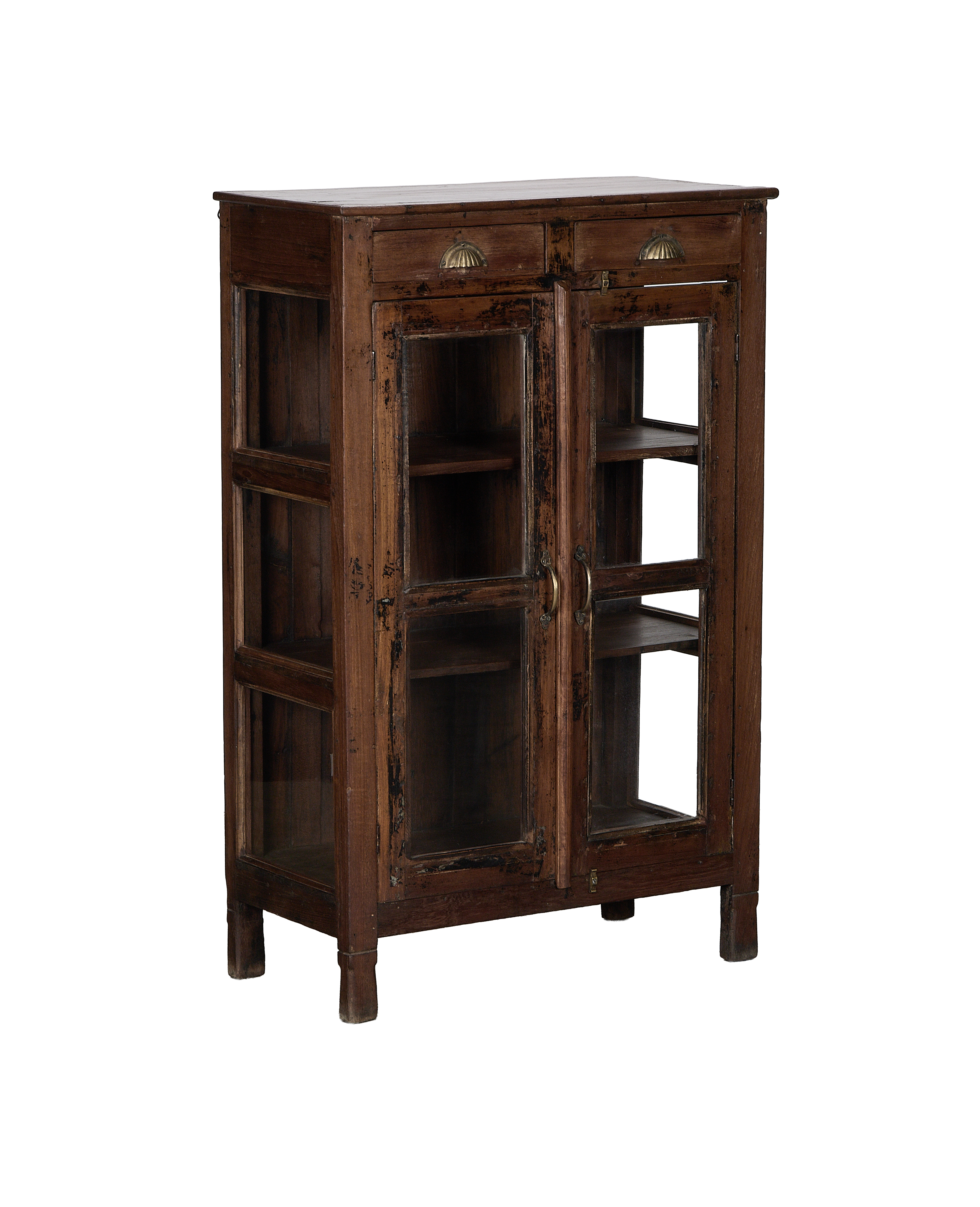 Vintage Indian oak cabinet, full frontal view, showing glass doors, brass pulls, and drawer handles.
