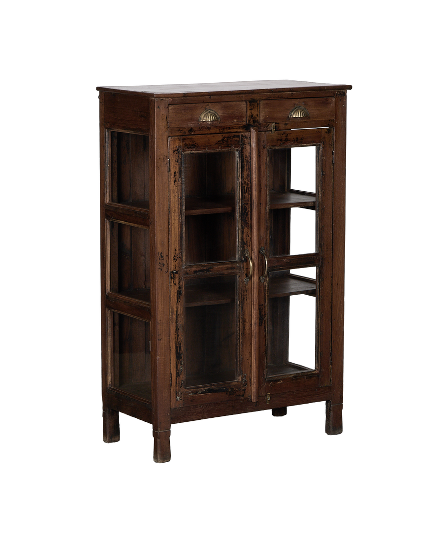 Vintage Indian oak cabinet, full frontal view, showing glass doors, brass pulls, and drawer handles.