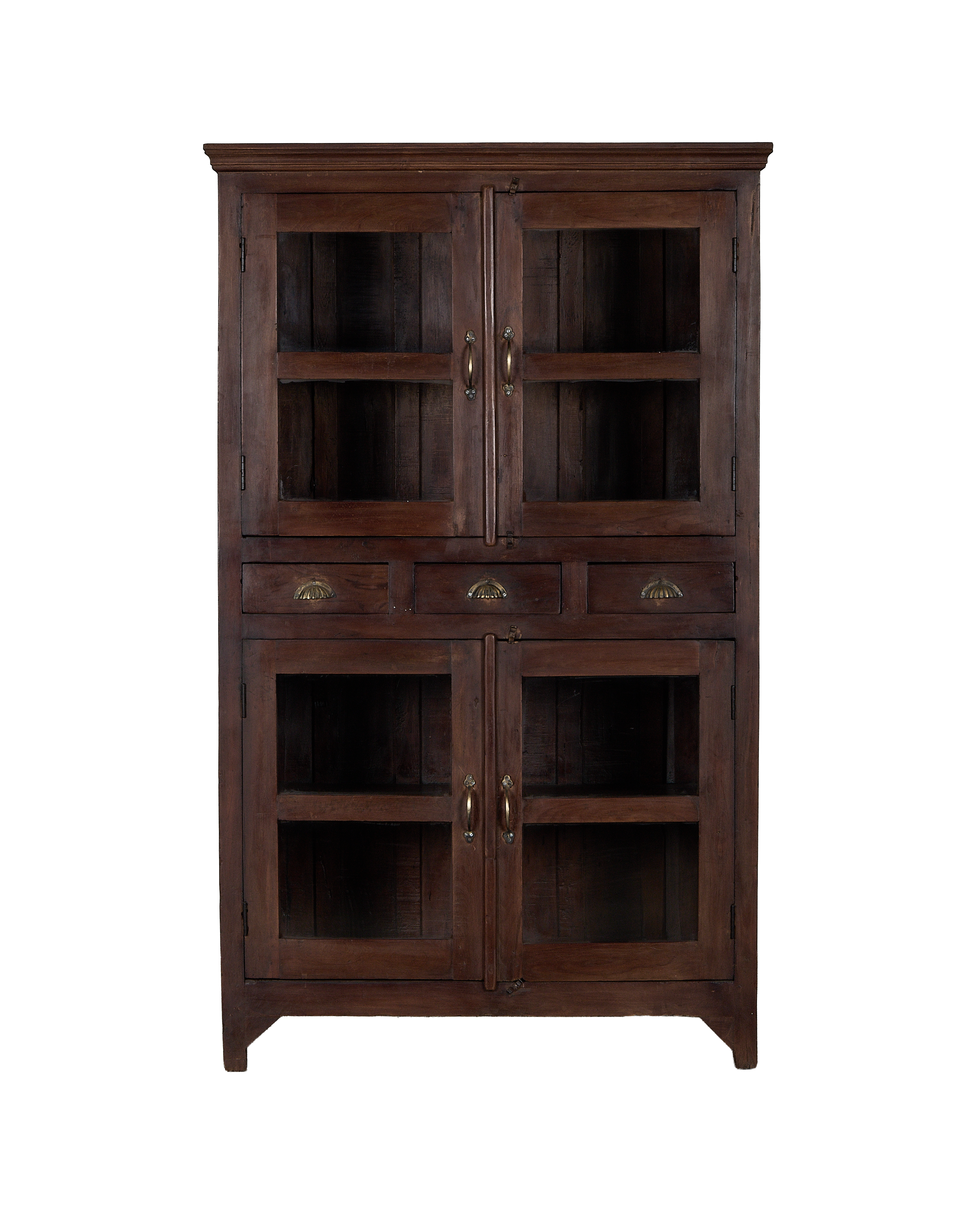 Vintage natural oak wood cabinet from India with glass doors, prominent brass hardware.