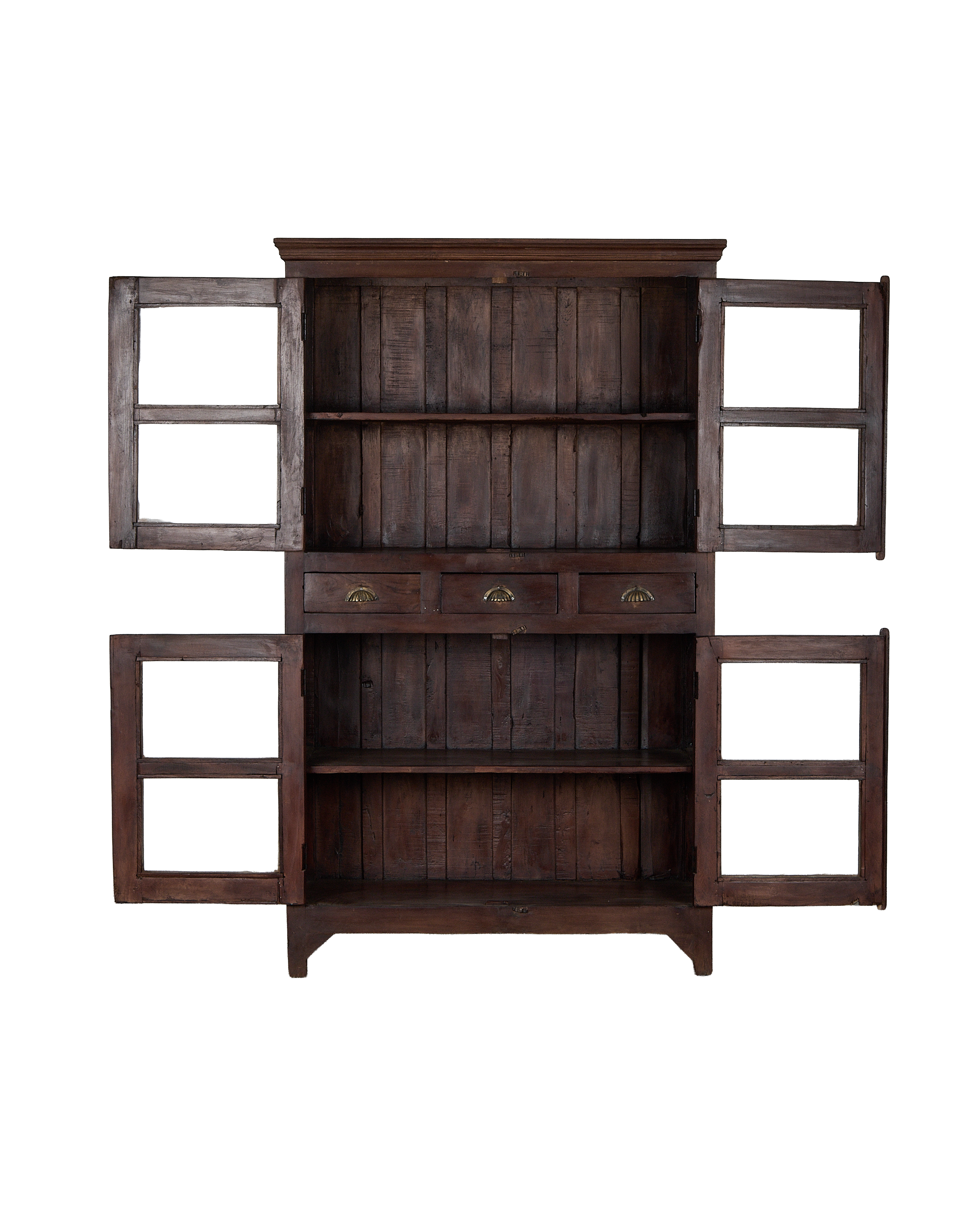 Vintage Indian oak display cabinet with all doors and drawers open, revealing shelving.
