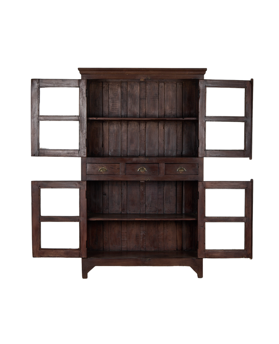 Vintage Indian oak display cabinet with all doors and drawers open, revealing shelving.