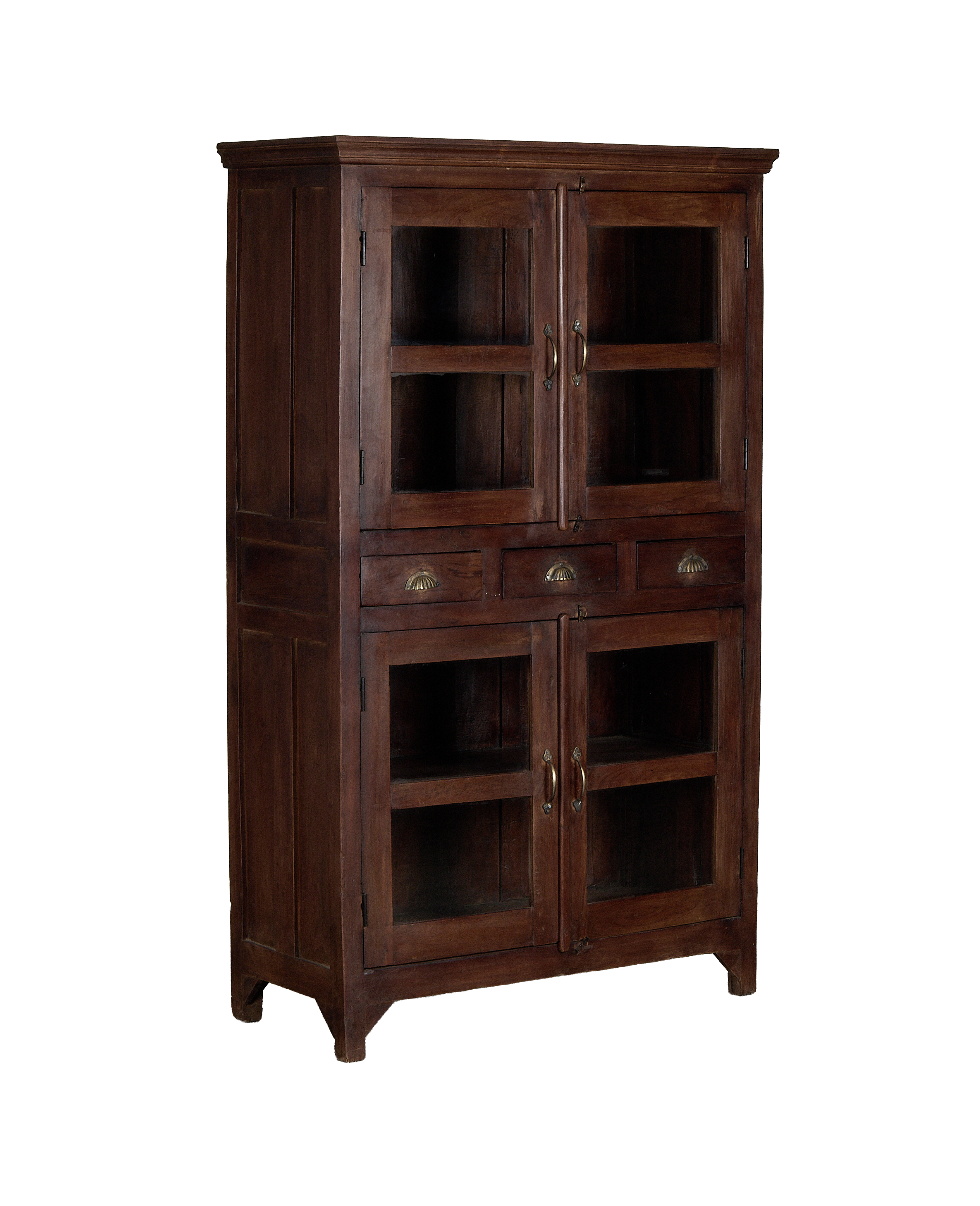 Vintage Indian oak cabinet, full frontal view, showing glass doors and drawers.