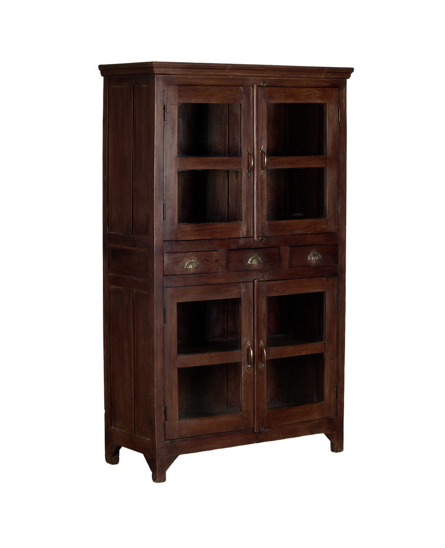 Vintage Indian oak cabinet, full frontal view, showing glass doors and drawers.
