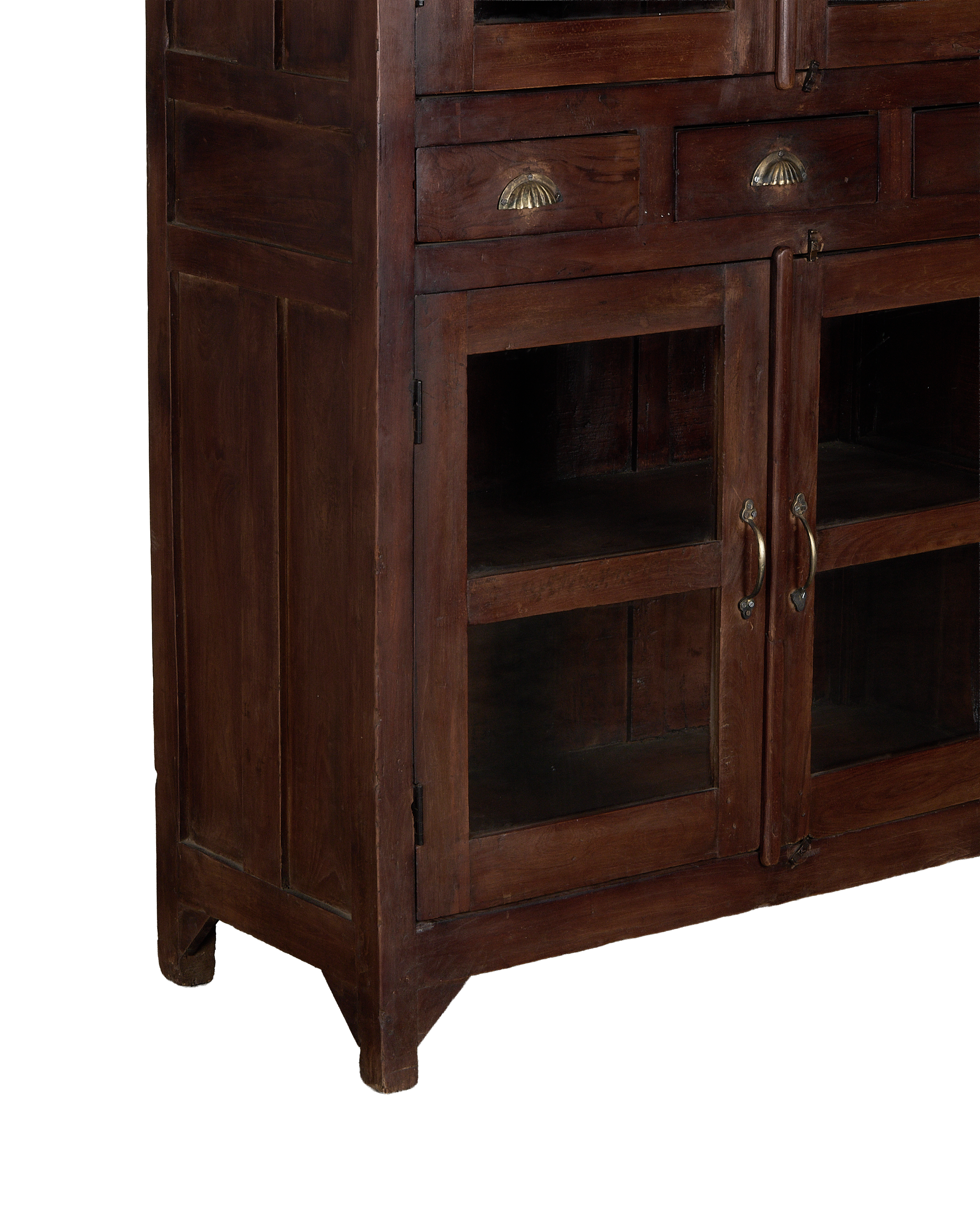 Vintage Indian oak wood cabinet, close-up of brass hardware and detailed glass doors.