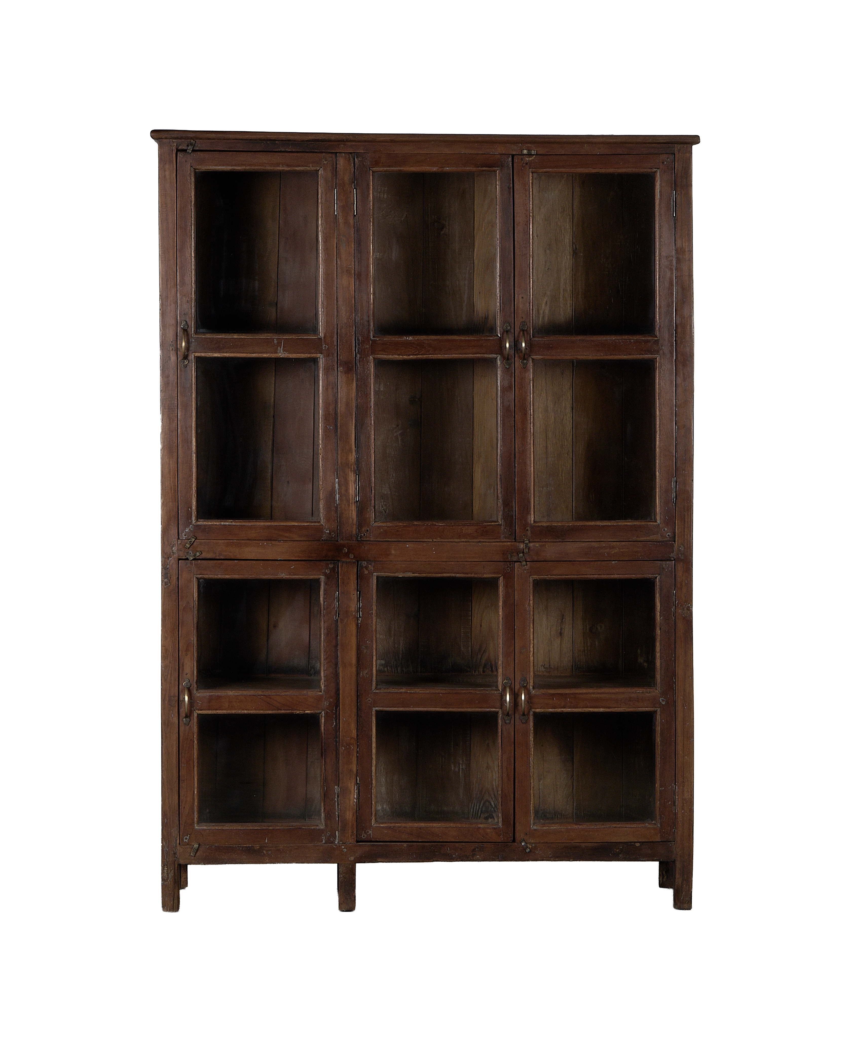 Vintage Indian oak wood cabinet with twelve glass pane doors on dark background.