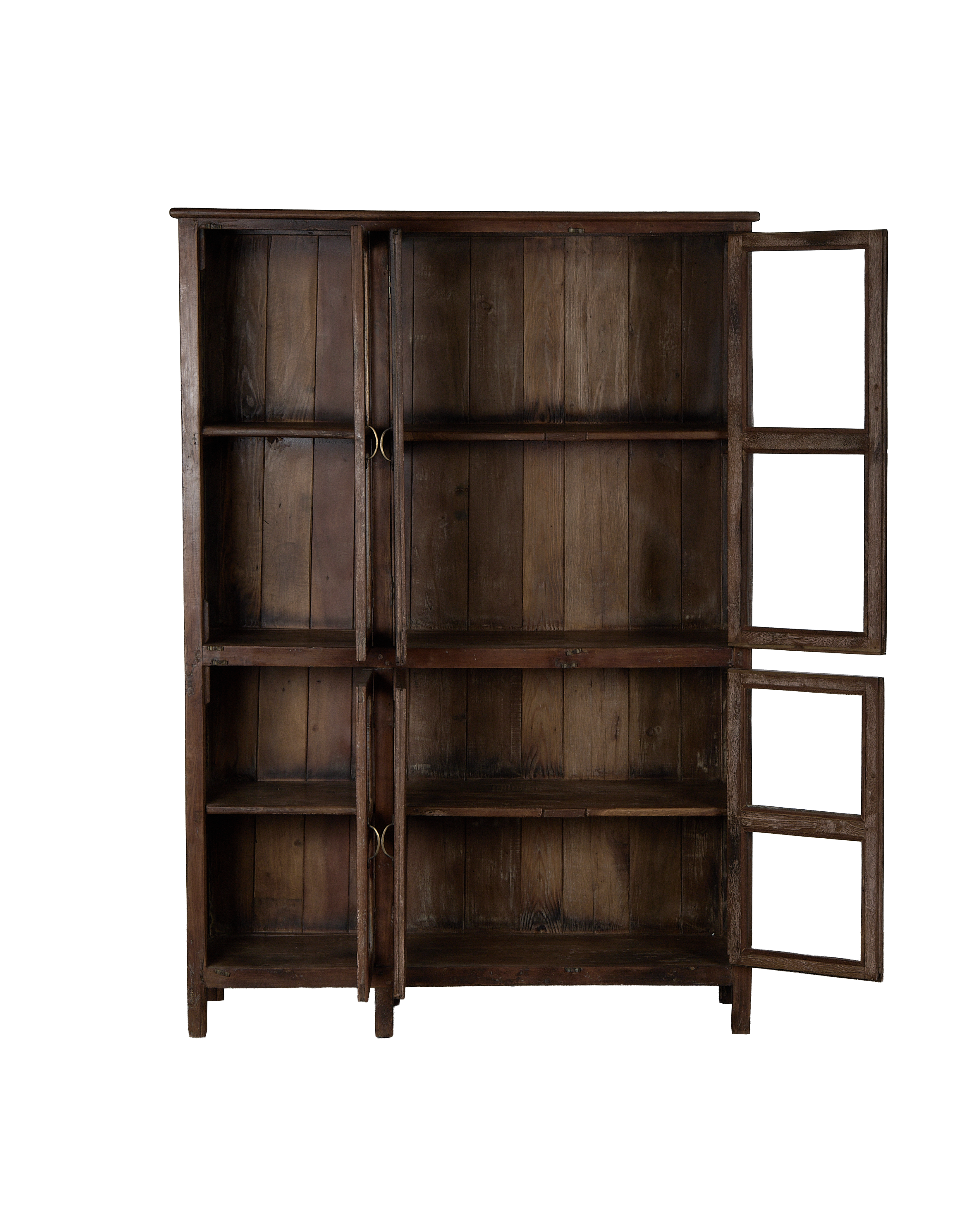 Vintage oak wood cabinet from India, showing open glass doors and interior shelves.