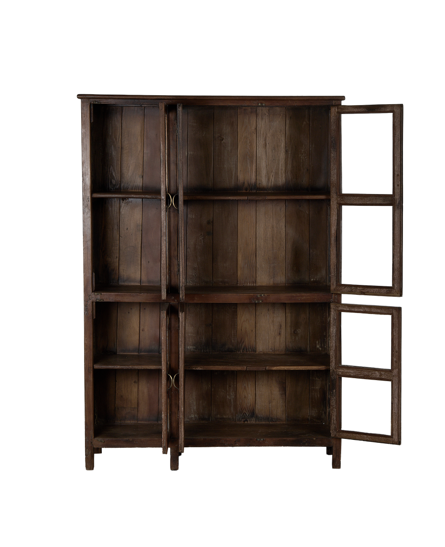 Vintage oak wood cabinet from India, showing open glass doors and interior shelves.