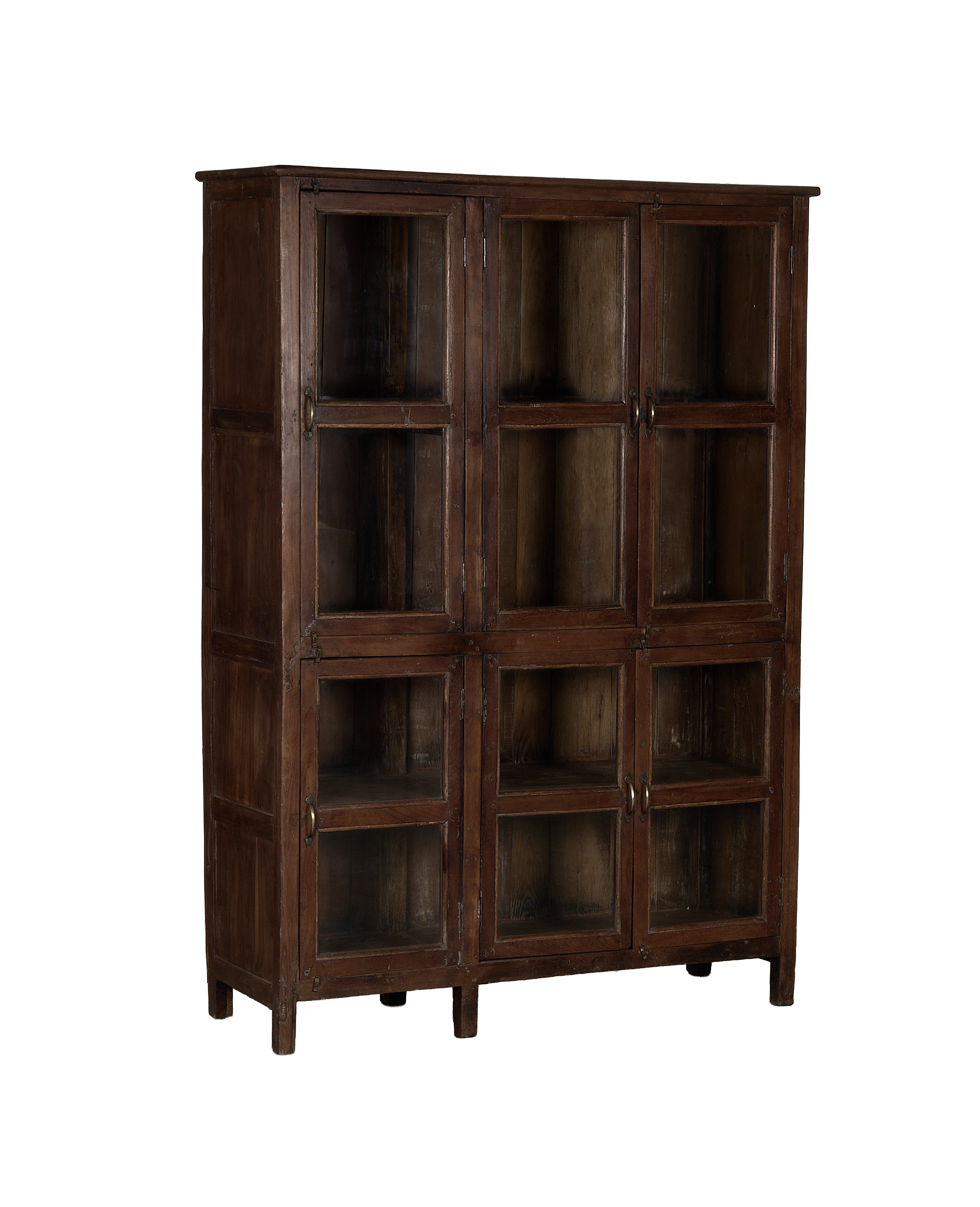 Vintage Indian oak wood cabinet, frontal view, showing 12 glass-paned compartments.