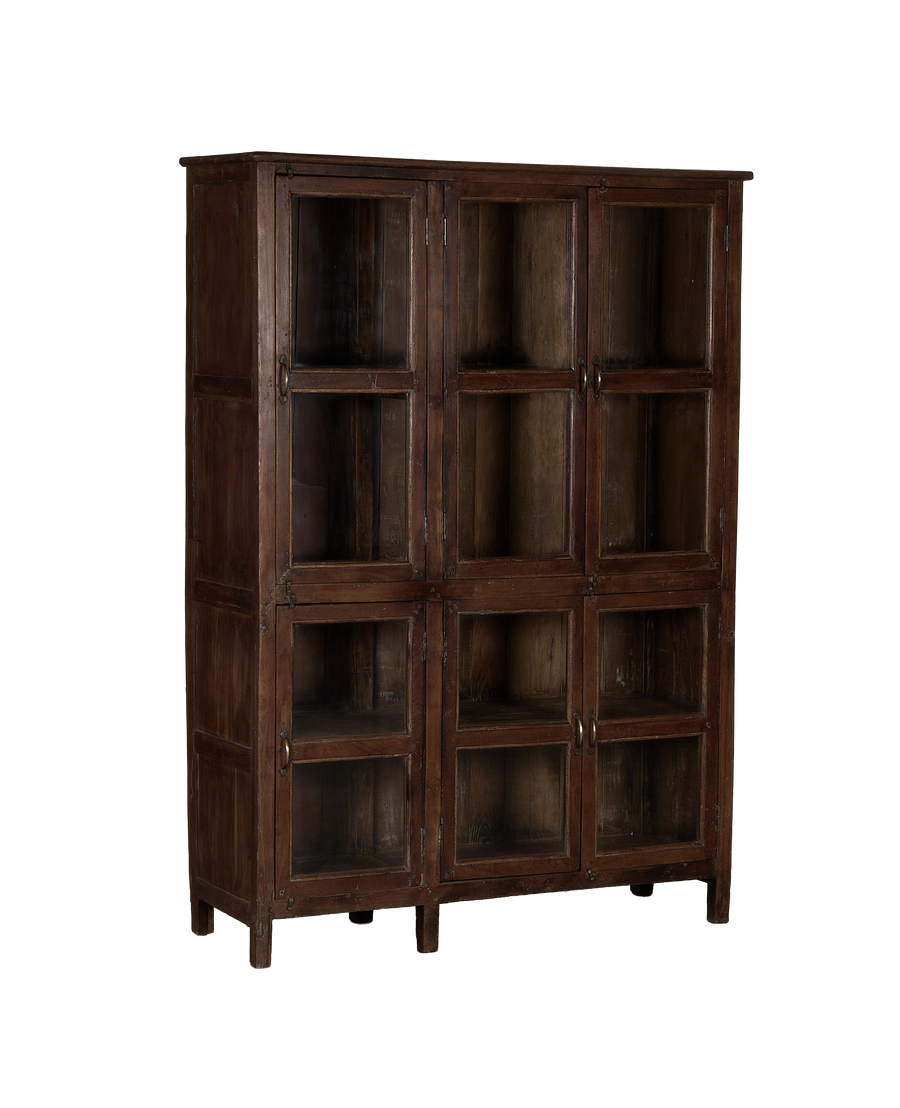 Vintage Indian oak wood cabinet, frontal view, showing 12 glass-paned compartments.