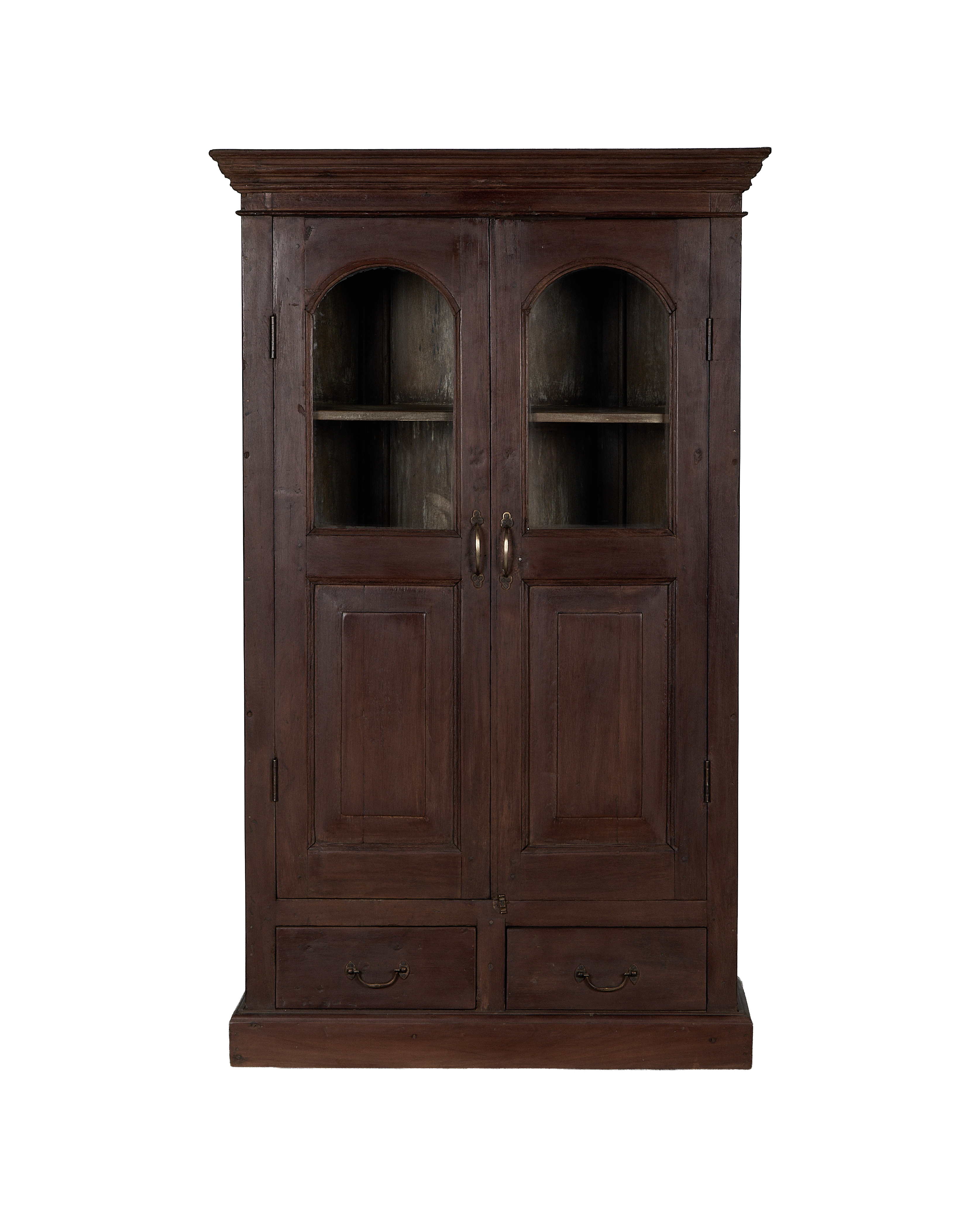 Vintage Indian oak wood cabinet with glass arch doors and bottom drawers.