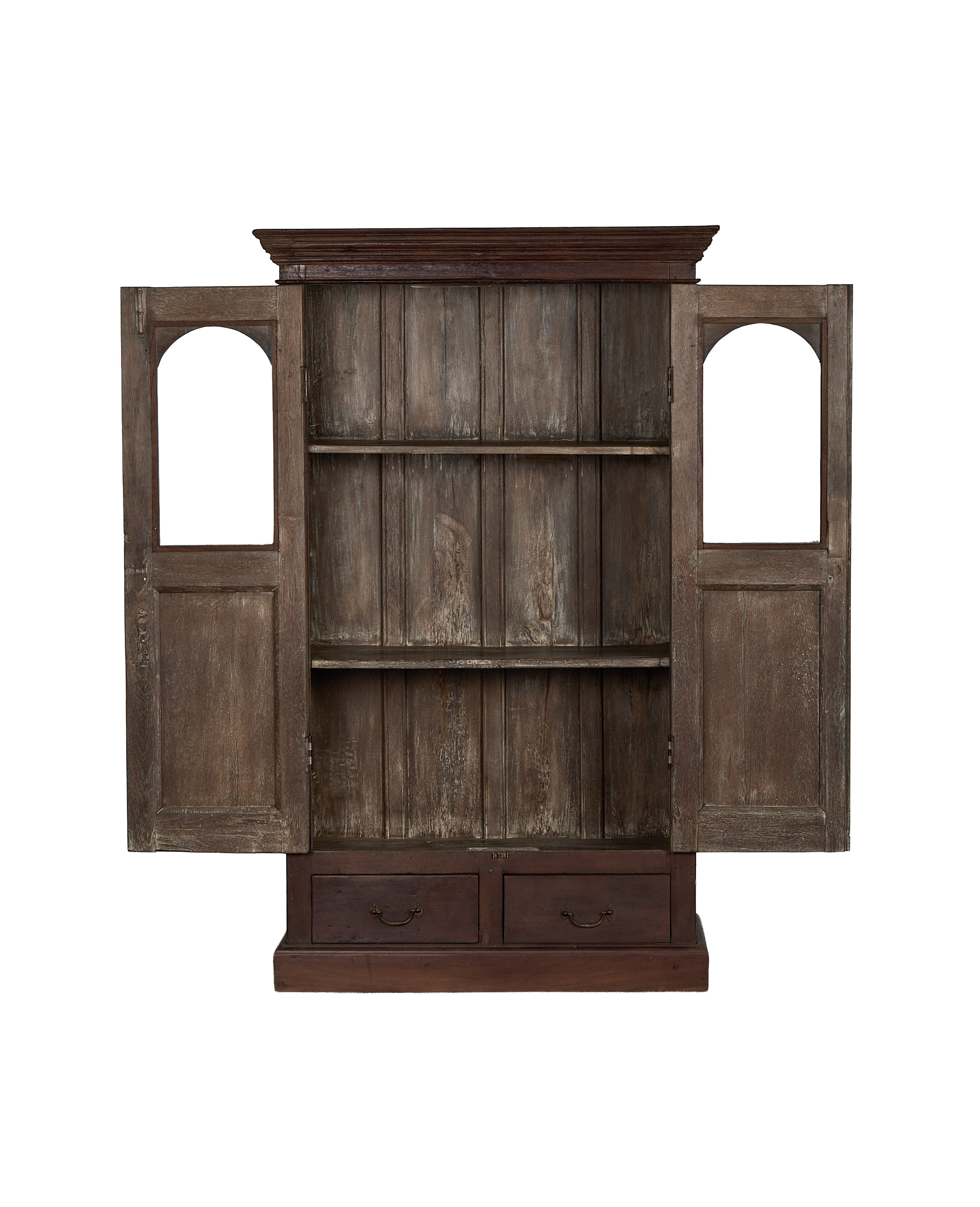 Vintage Indian oak cabinet, doors open, revealing shelves, two lower drawers.