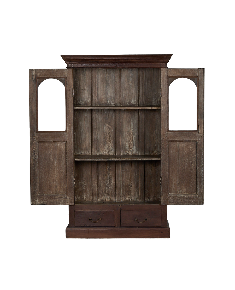 Vintage Indian oak cabinet, doors open, revealing shelves, two lower drawers.