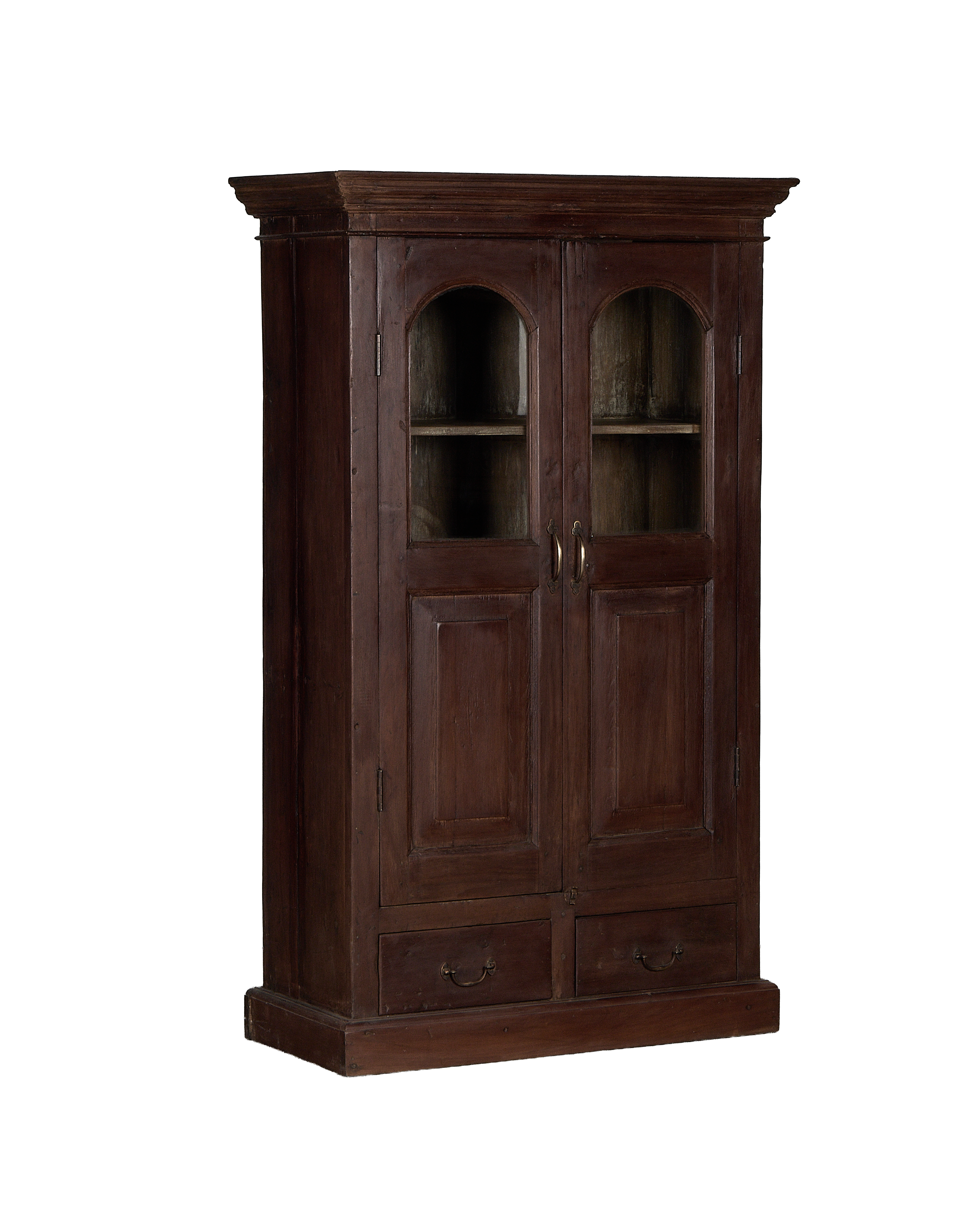 Vintage Indian oak cabinet, full front view showing glass doors and two drawers.