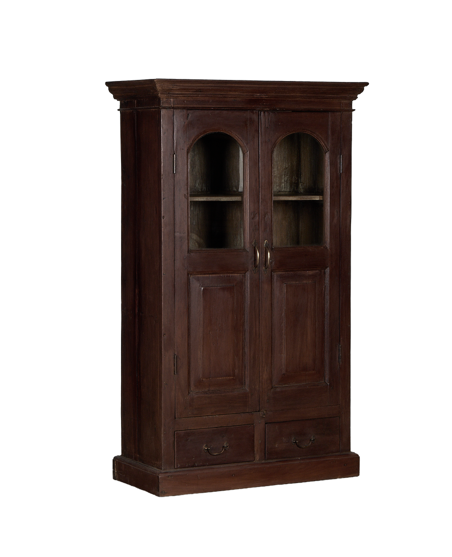 Vintage Indian oak cabinet, full front view showing glass doors and two drawers.