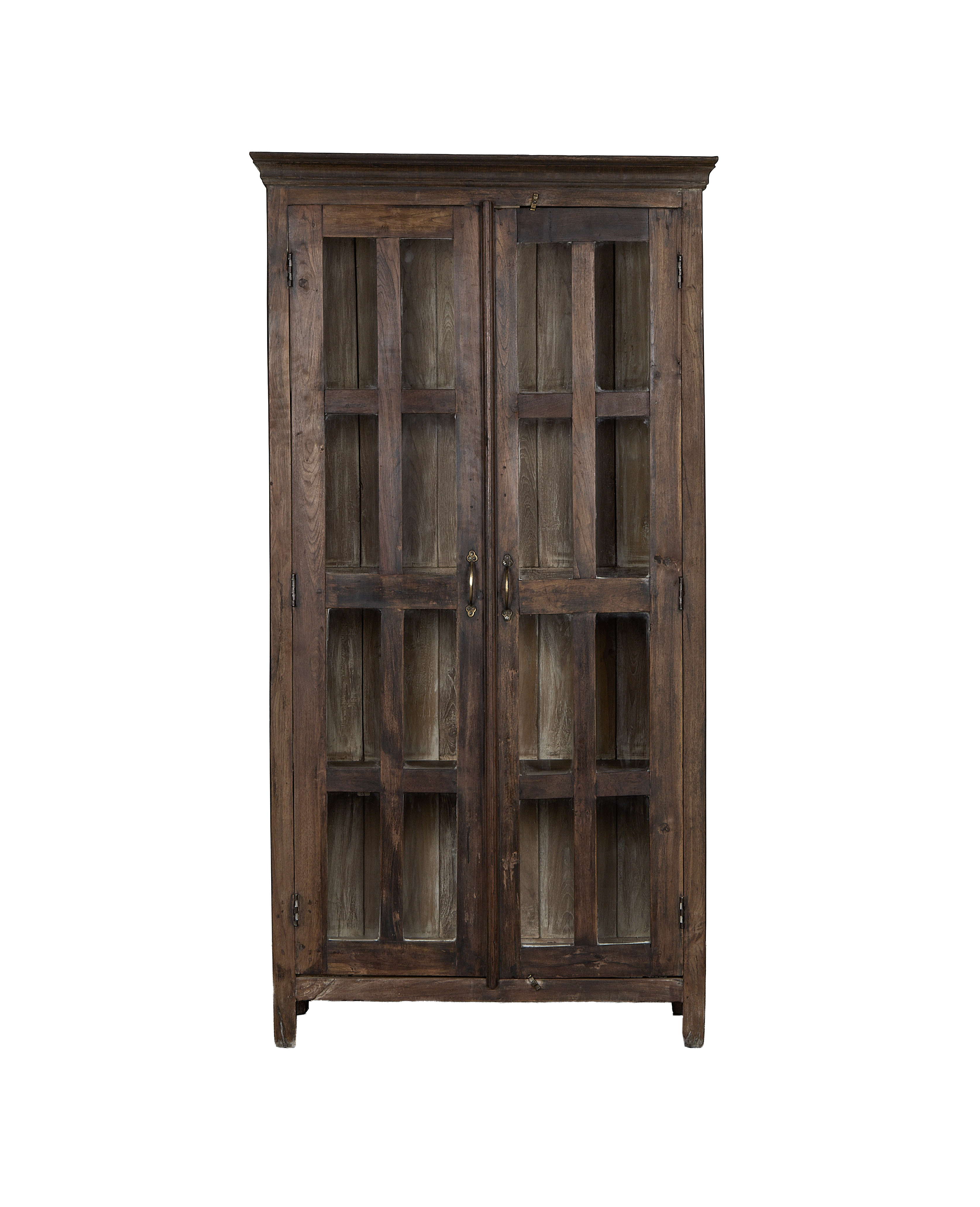 Vintage Indian oak cabinet, natural wood with distressed finish, featuring glass-paneled double doors.