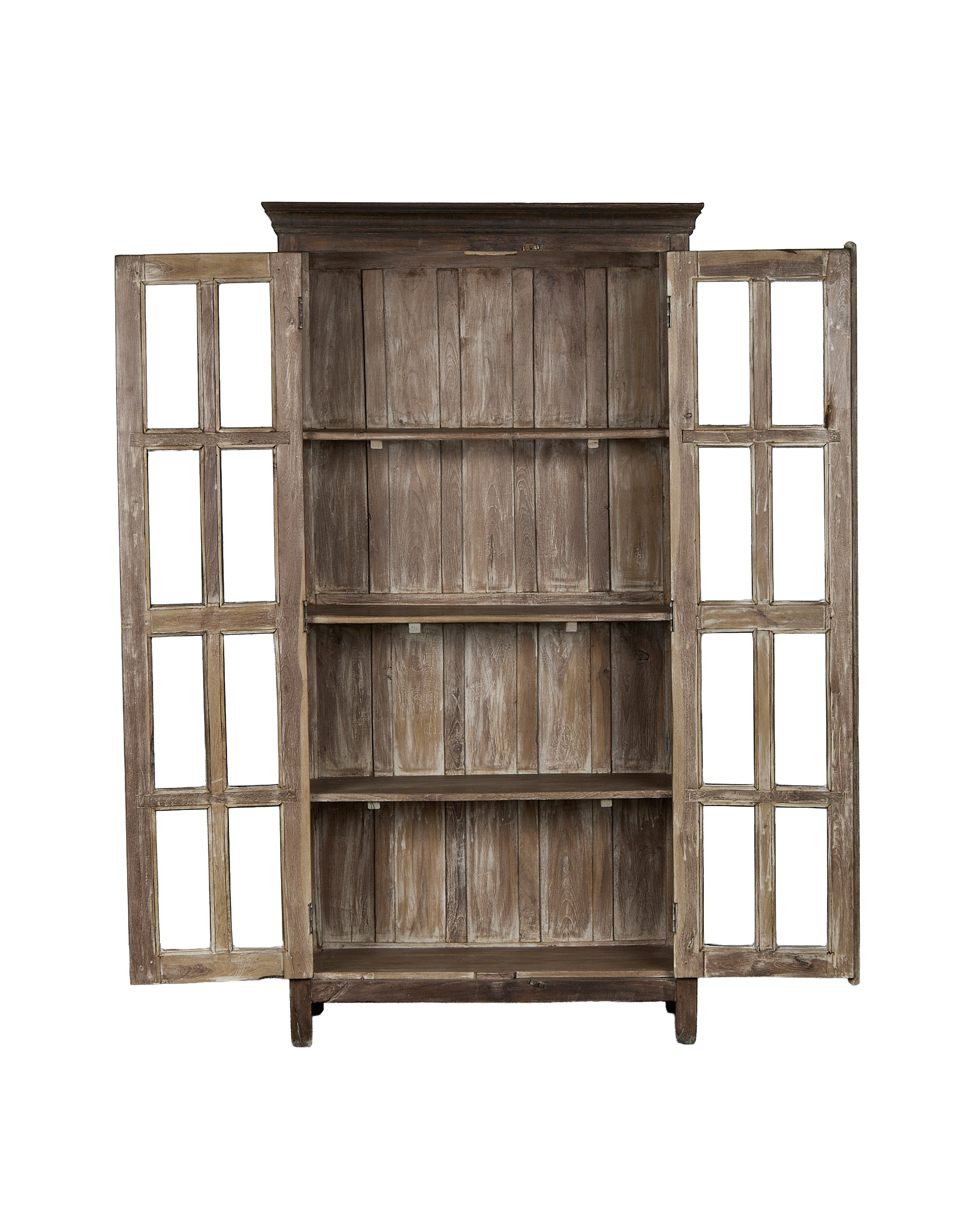 Open vintage oak cabinet from India, showing multiple interior shelves and light distressing.