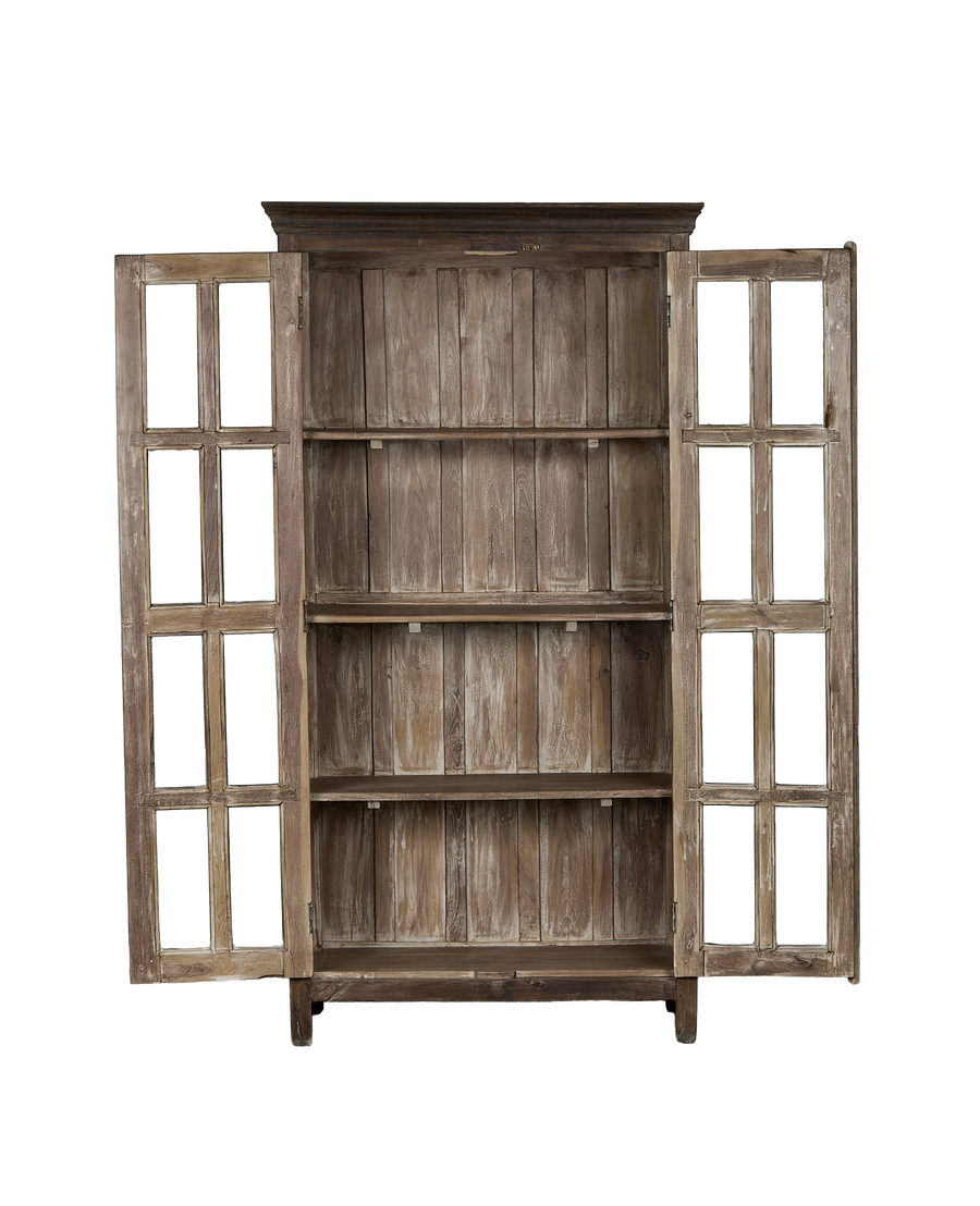 Open vintage oak cabinet from India, showing multiple interior shelves and light distressing.