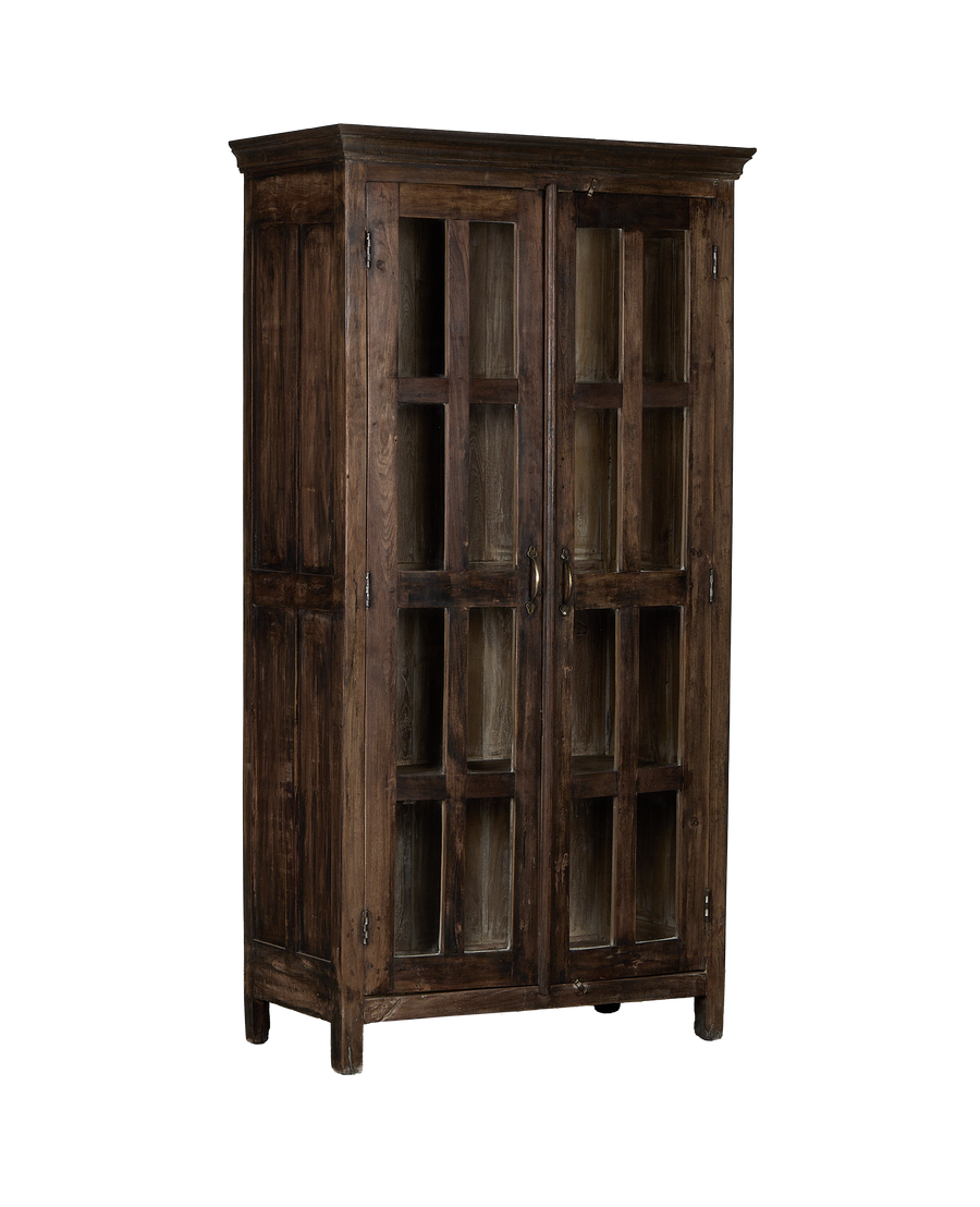 Vintage Indian oak wood cabinet, frontal view, showcasing two glass-paneled doors with brass handles.
