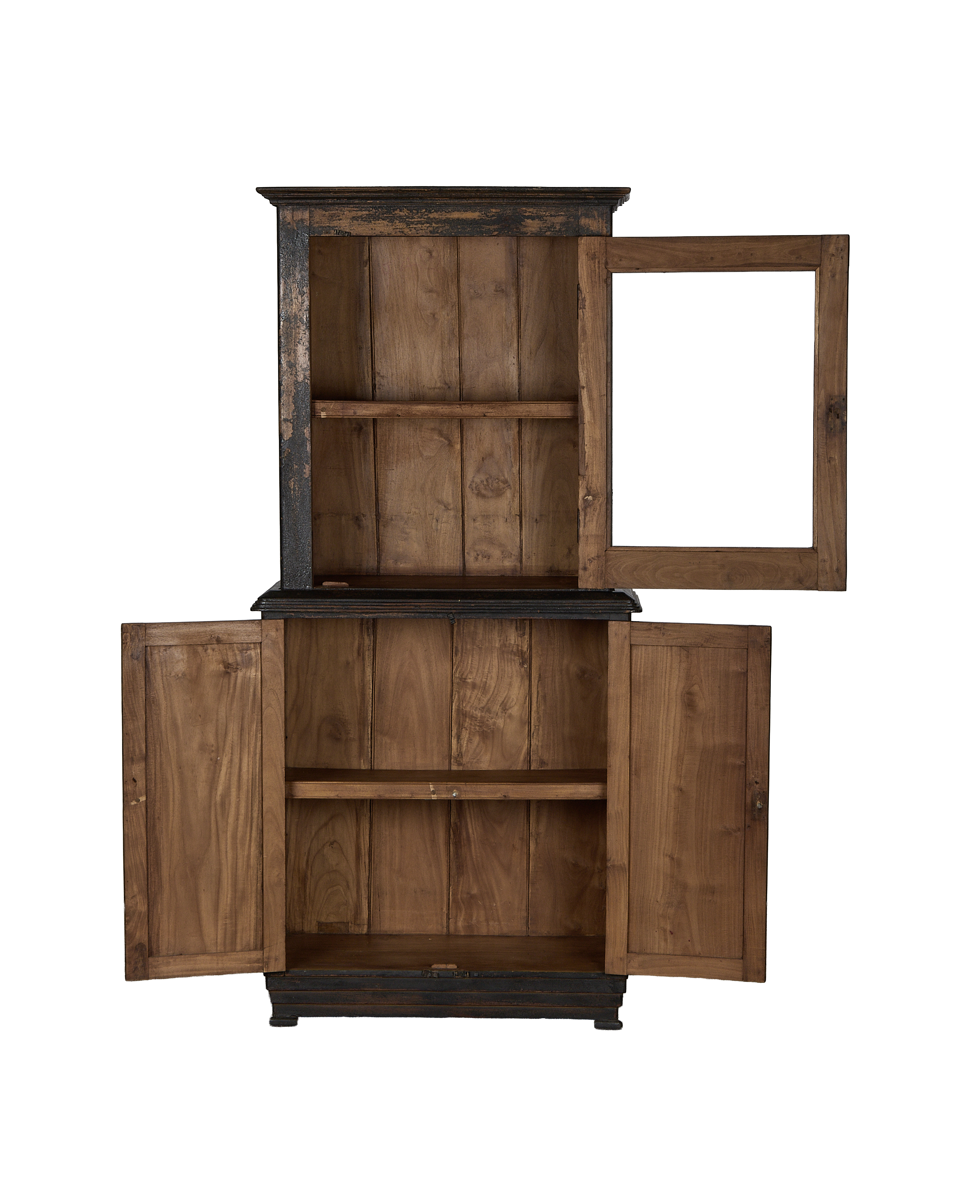 Open vintage oak wood cabinet from India showing internal shelves and distressed black details.