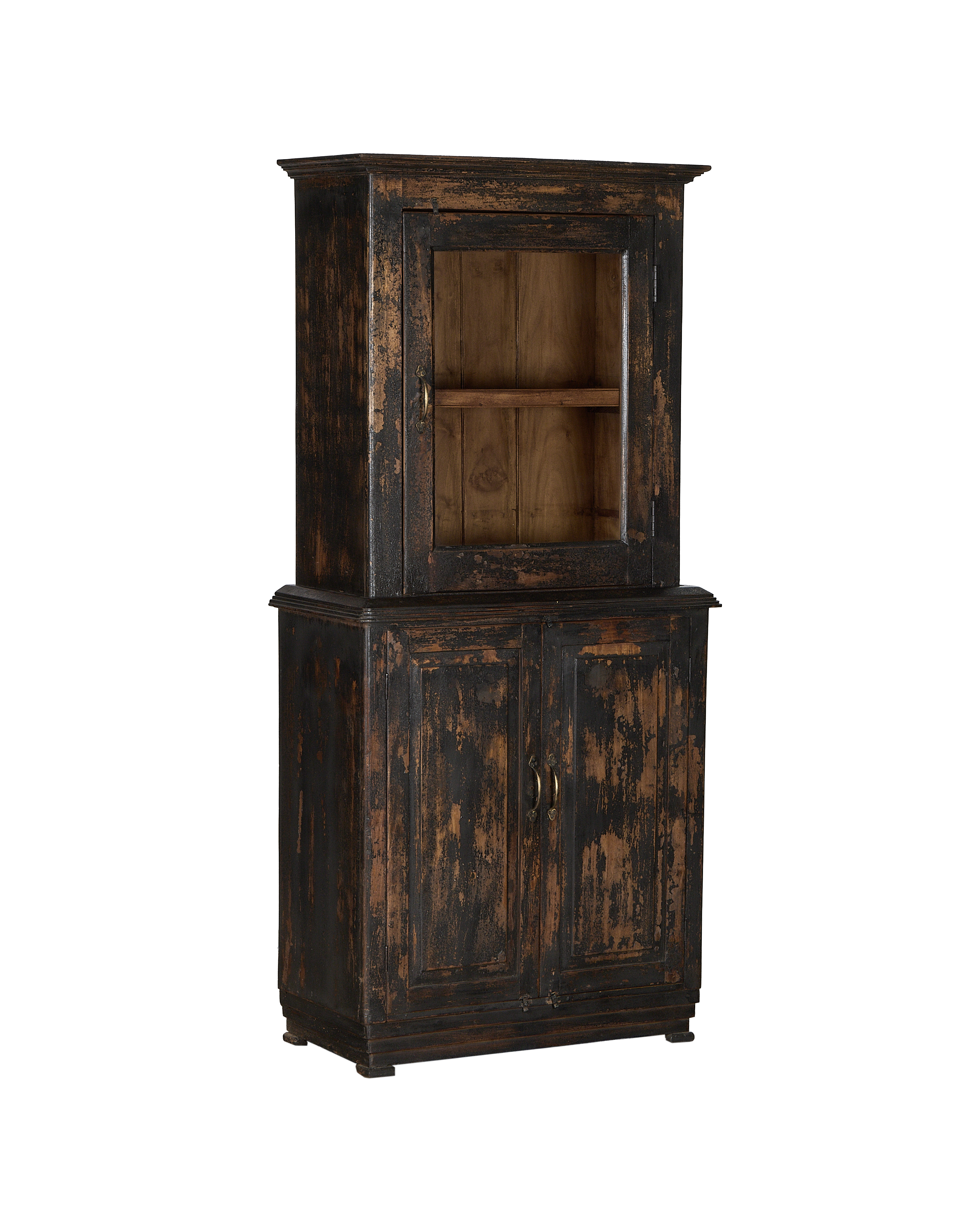 Vintage Indian oak cabinet showcasing distressed finish, two-door base, and glass-front upper.
