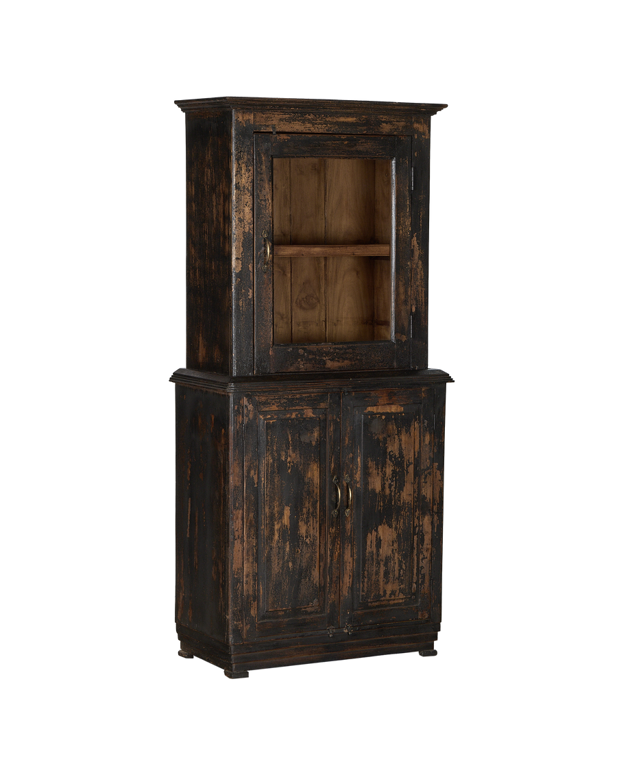 Vintage Indian oak cabinet showcasing distressed finish, two-door base, and glass-front upper.