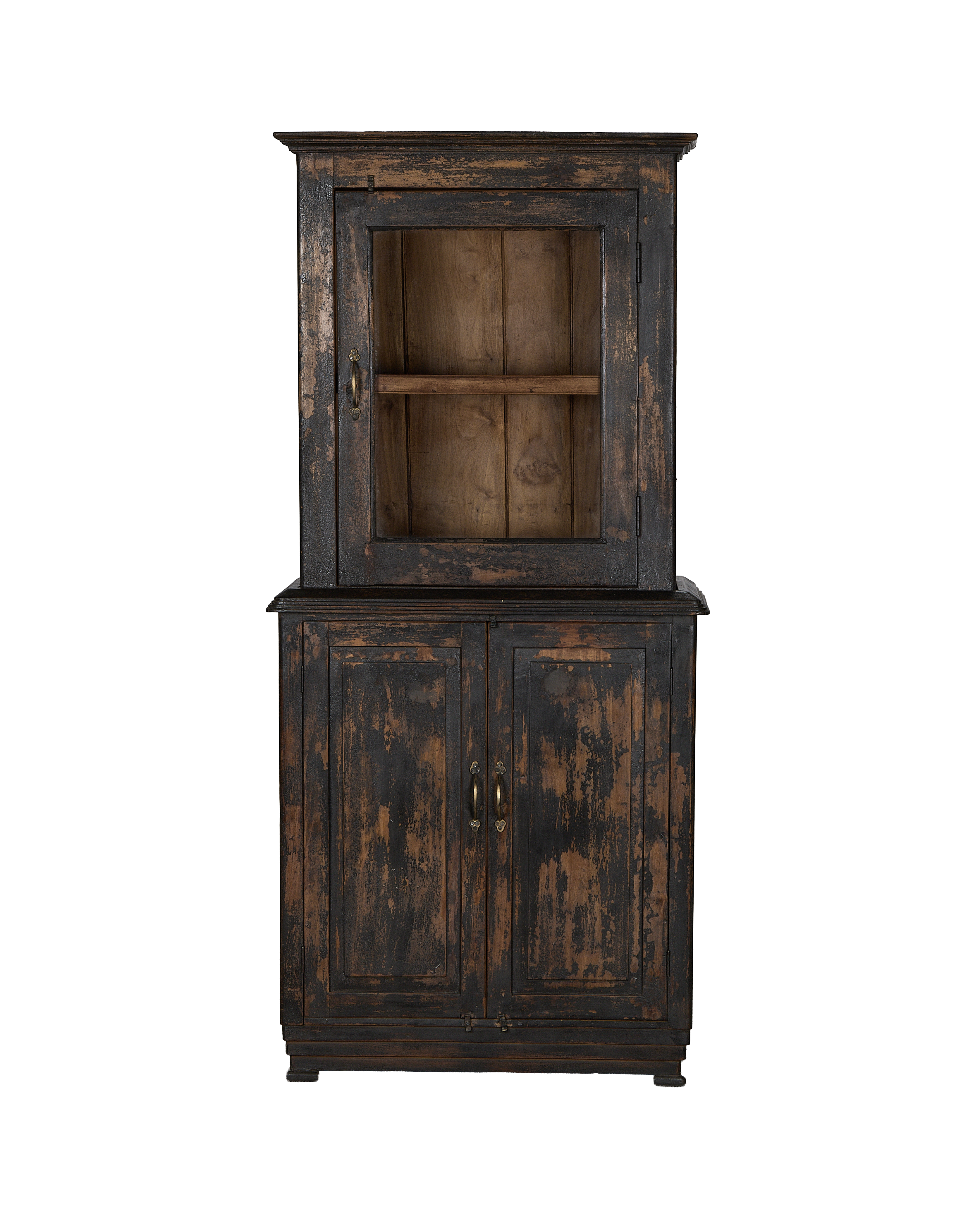 Vintage Indian oak cabinet, distressed black stain, upper glass door, lower double doors, brass pulls.