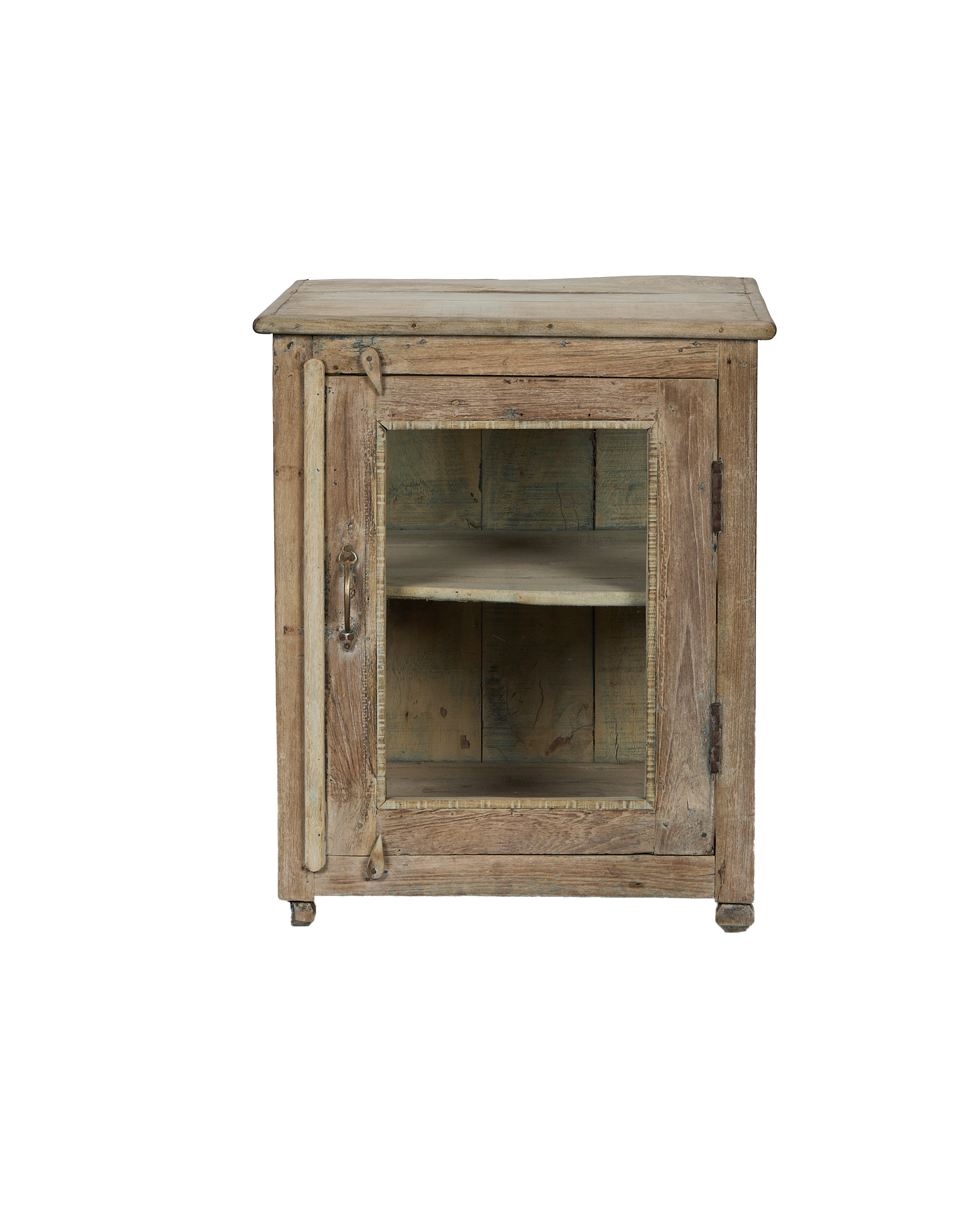 Vintage Indian bleached oak wood cabinet with single glass-front door and brass handle.