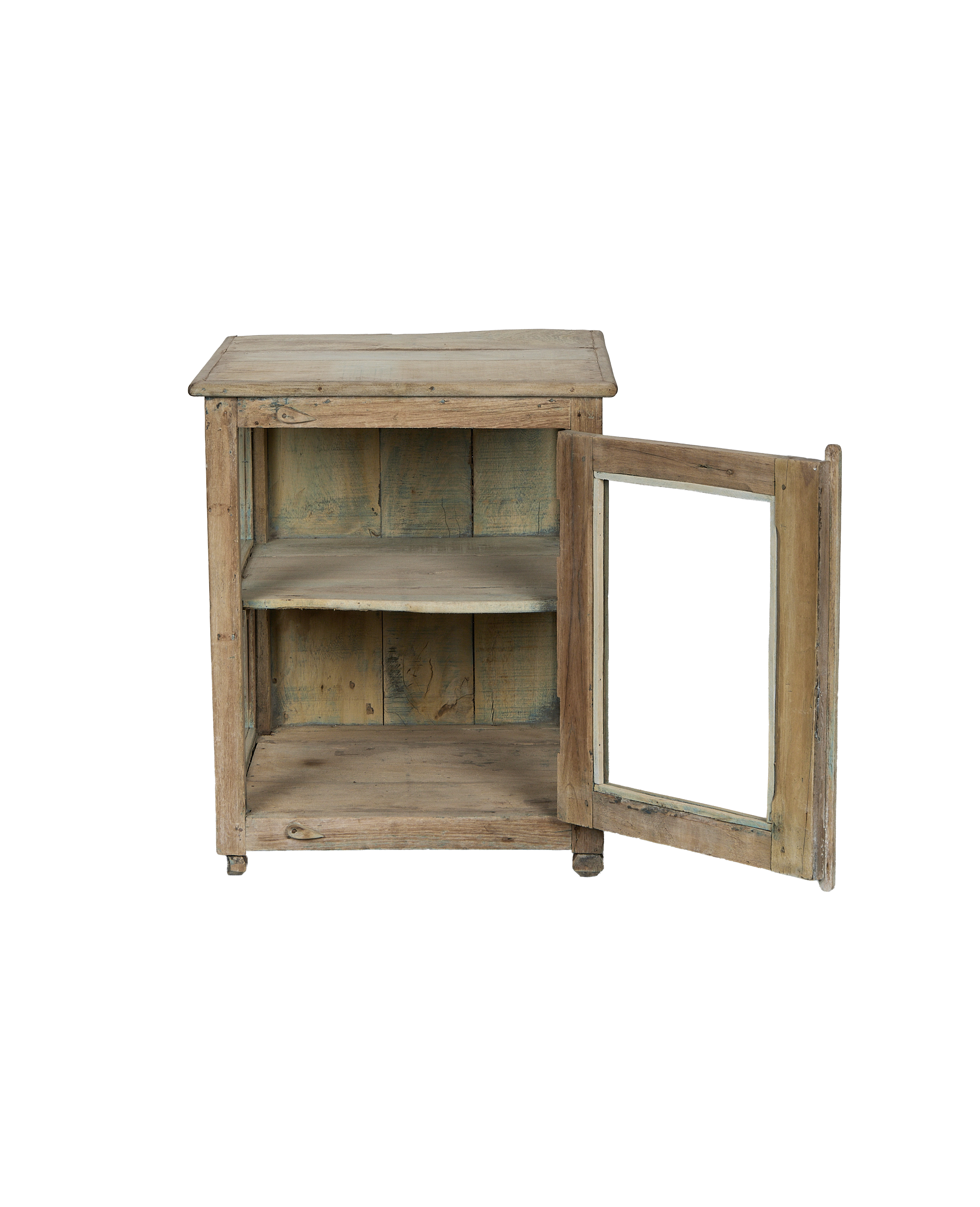 Vintage bleached oak cabinet from India, open door revealing interior shelves.