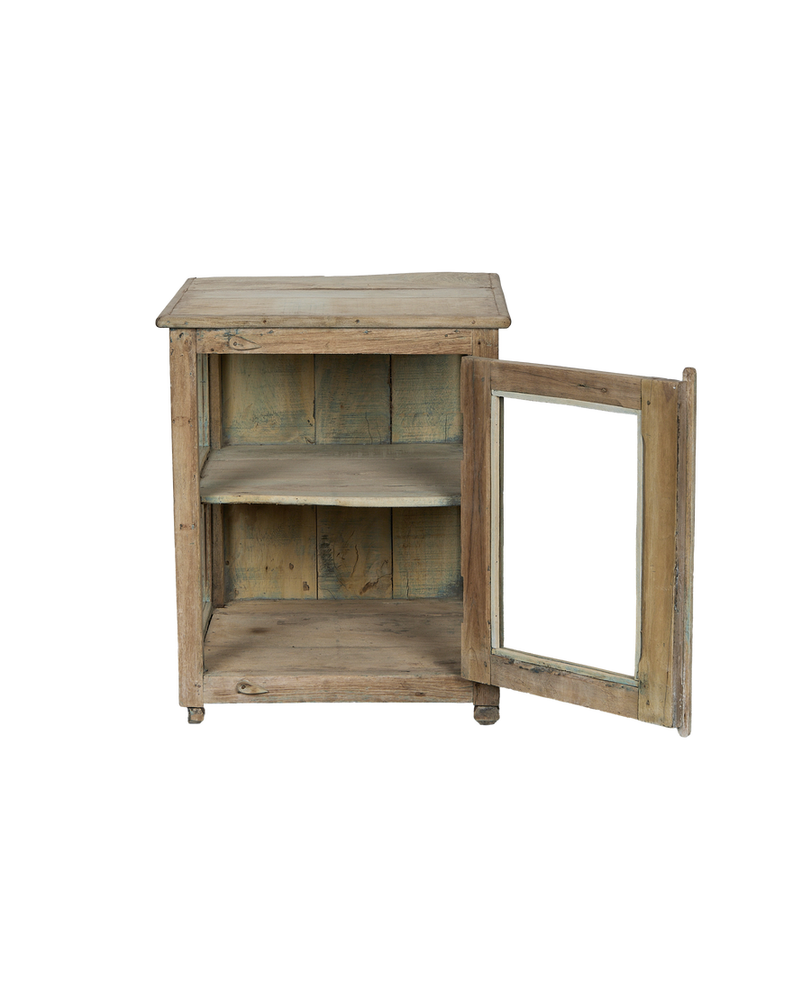 Vintage bleached oak cabinet from India, open door revealing interior shelves.