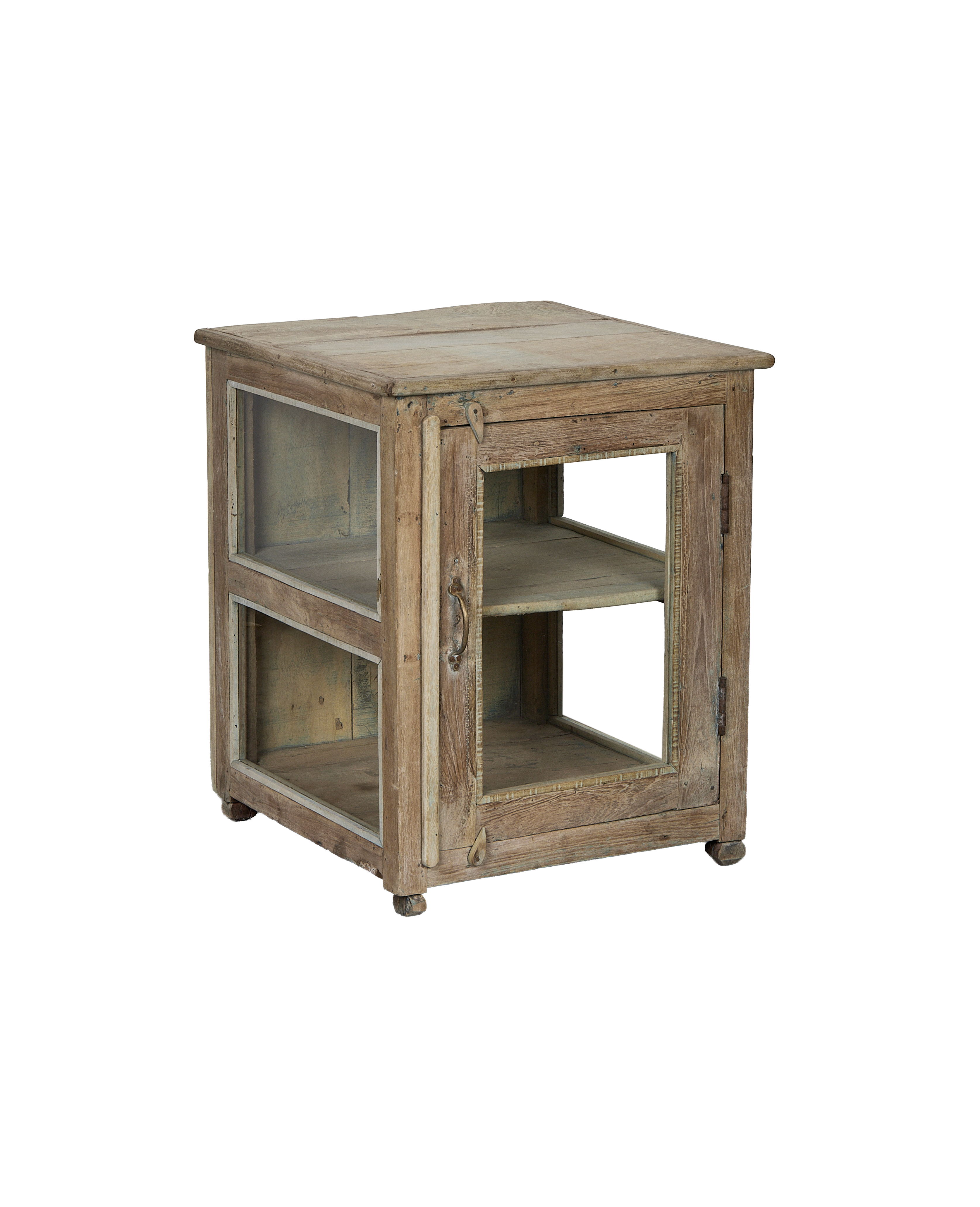 Vintage bleached oak cabinet from India, displaying glass doors, interior shelf, and rustic hardware.