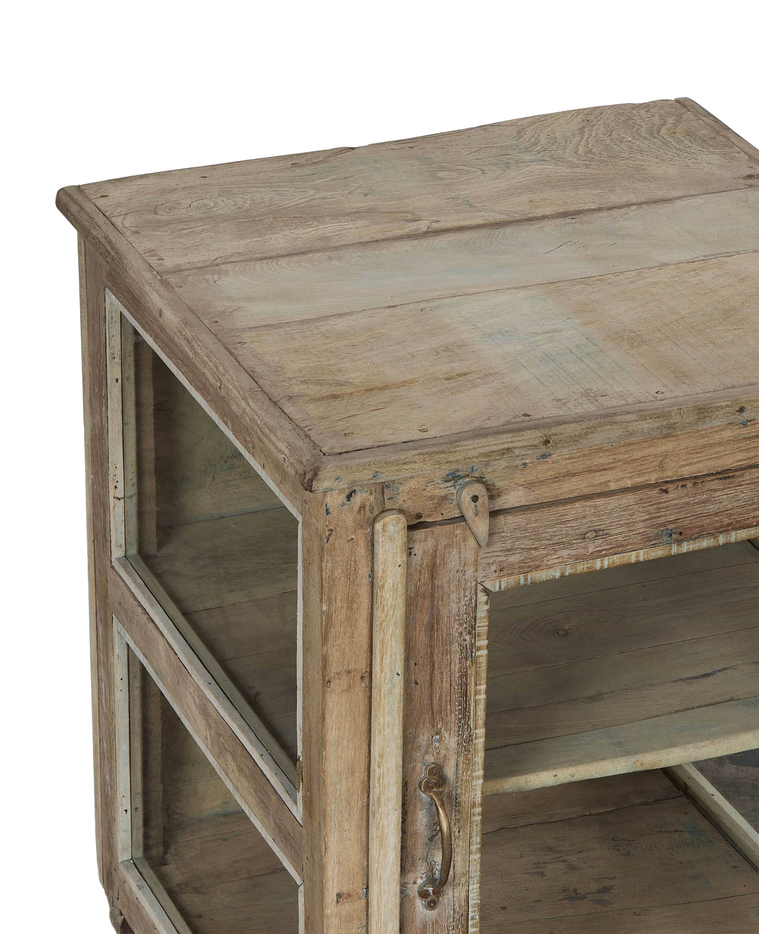 Vintage bleached oak cabinet from India, showing rustic top surface, aged handle, and interior shelf.