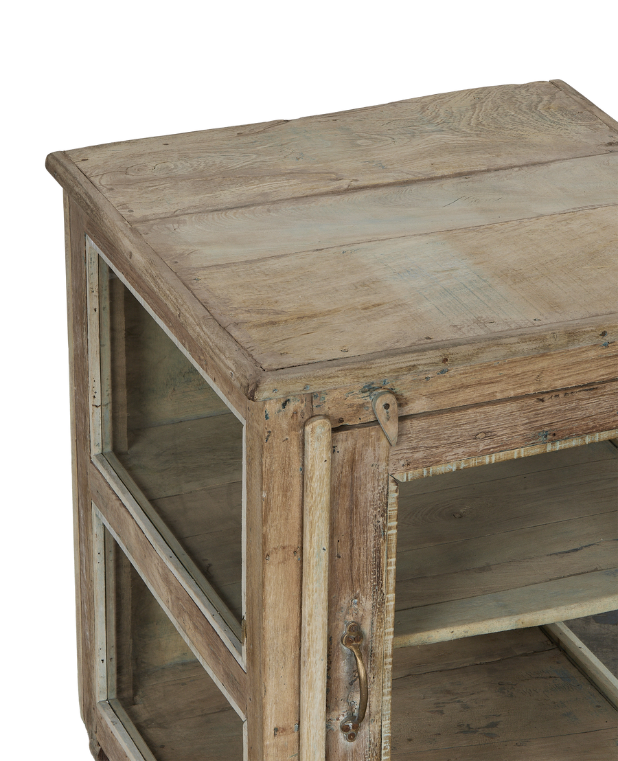 Vintage bleached oak cabinet from India, showing rustic top surface, aged handle, and interior shelf.