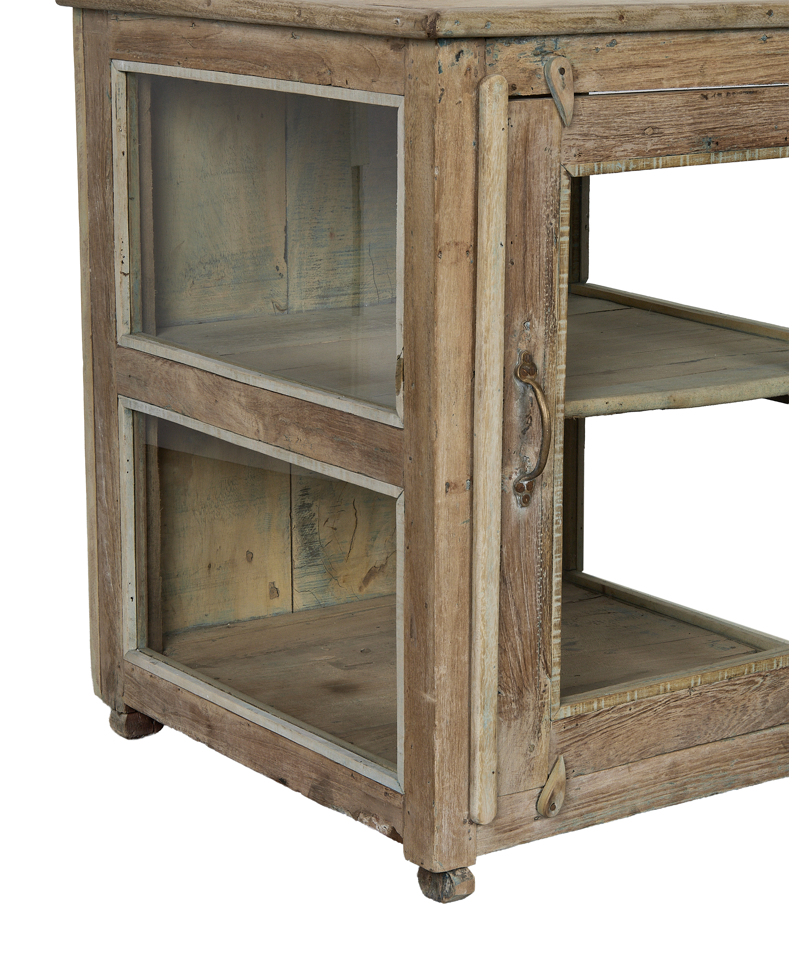 Vintage bleached oak cabinet with glass doors and exposed interior shelving from India.