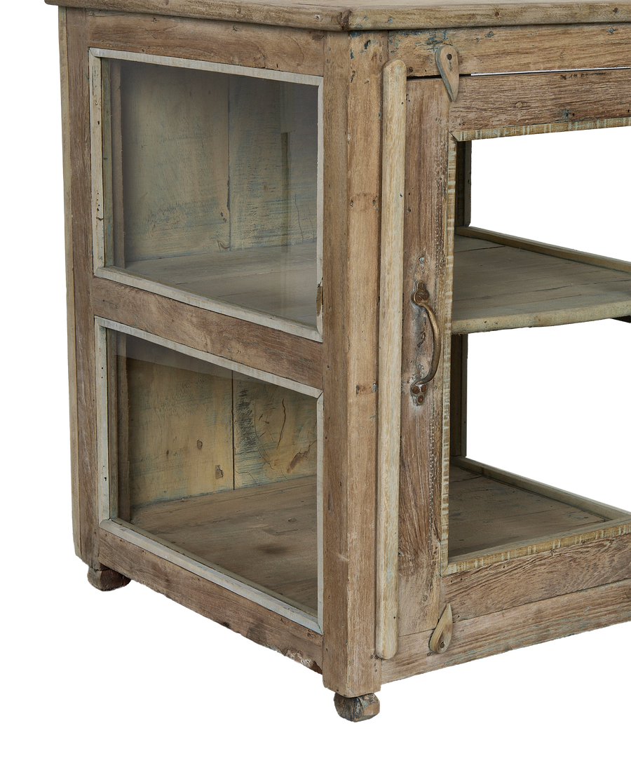Vintage bleached oak cabinet with glass doors and exposed interior shelving from India.