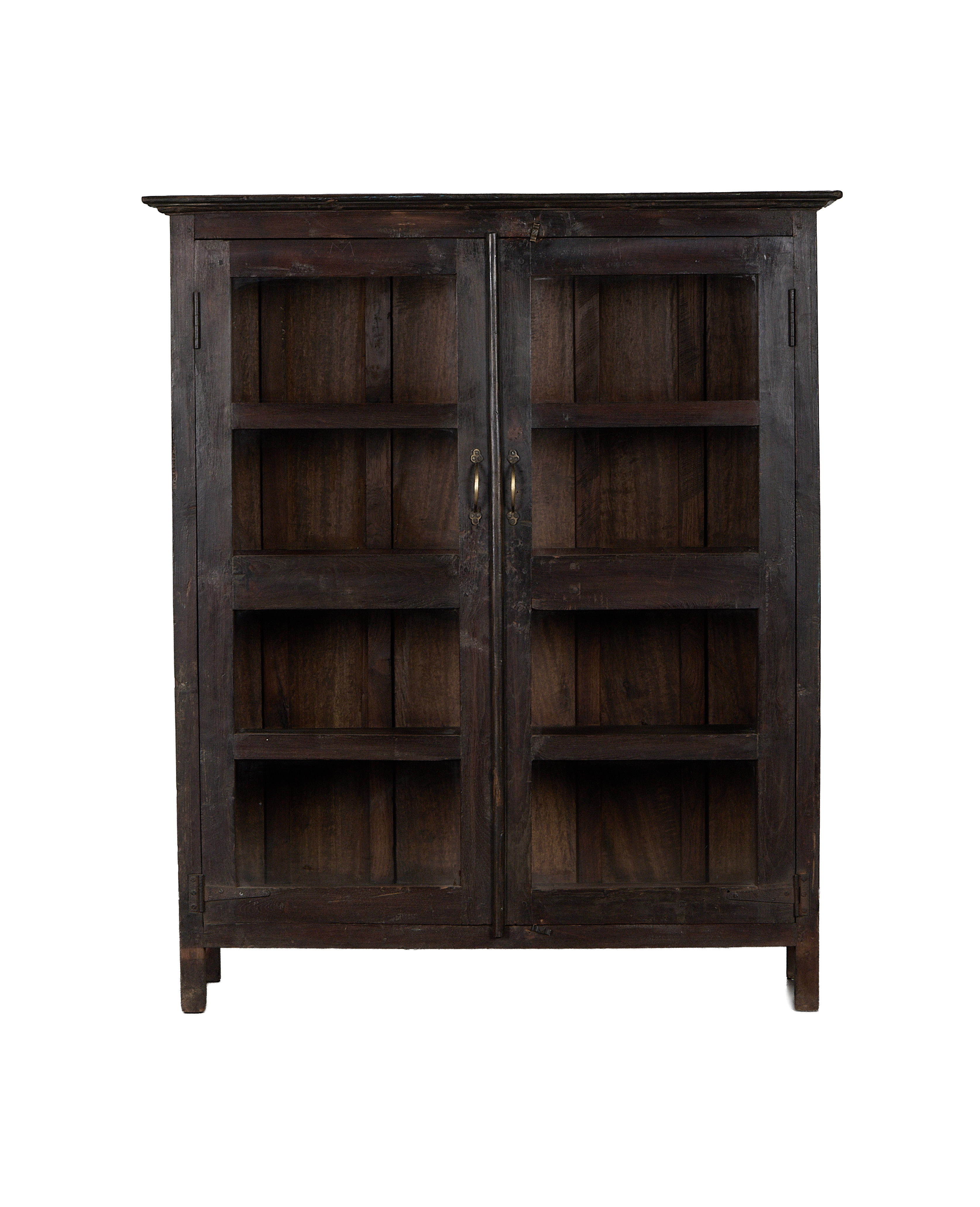 Dark stained oak vintage wood cabinet from India, with four interior shelves and brass pulls.