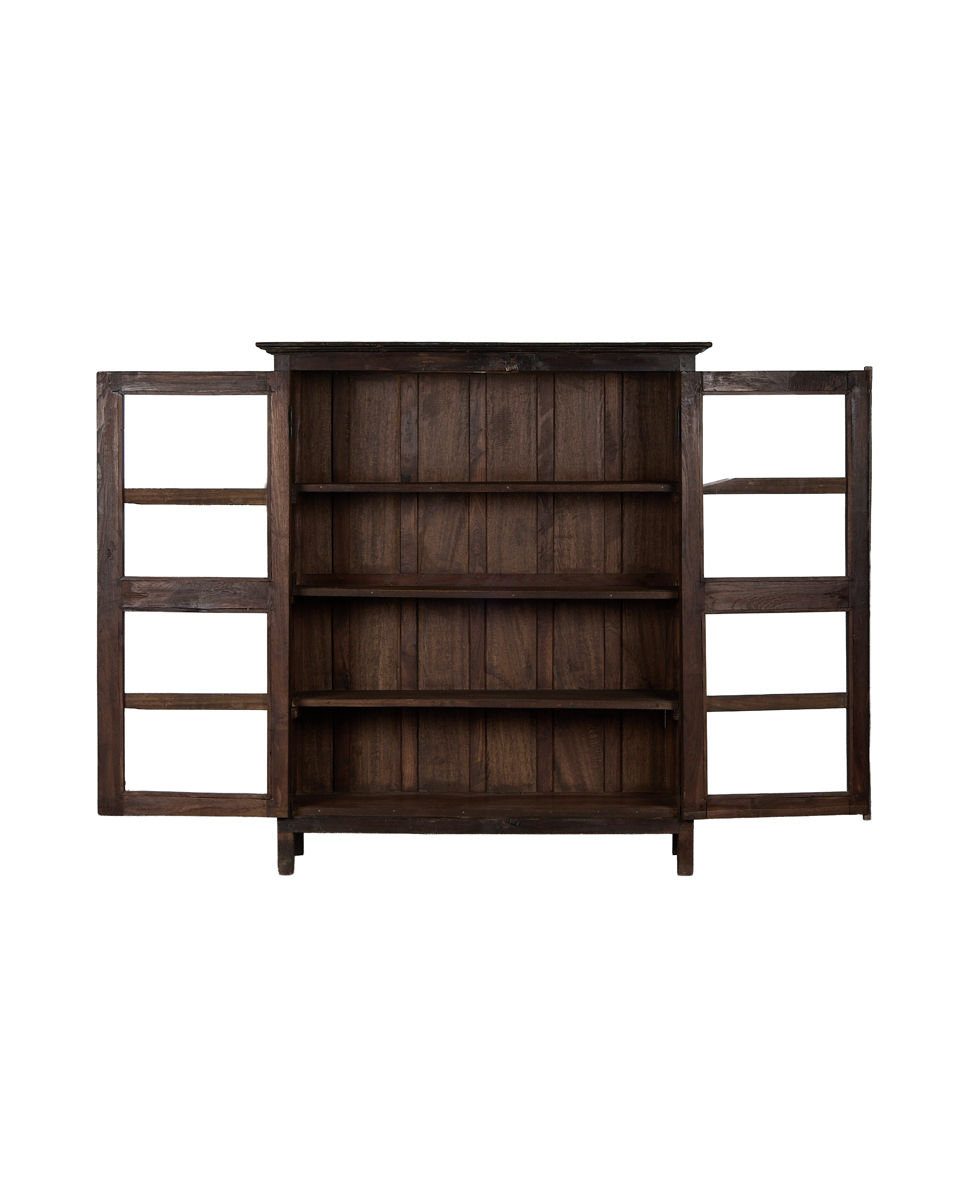 Vintage oak cabinet from India with both doors open, showcasing natural wood shelves.
