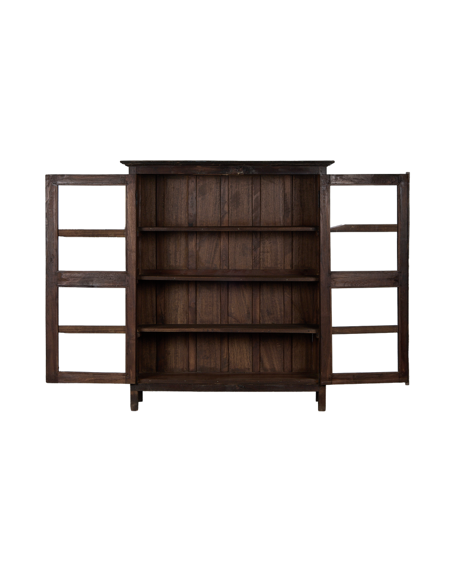 Vintage oak cabinet from India with both doors open, showcasing natural wood shelves.