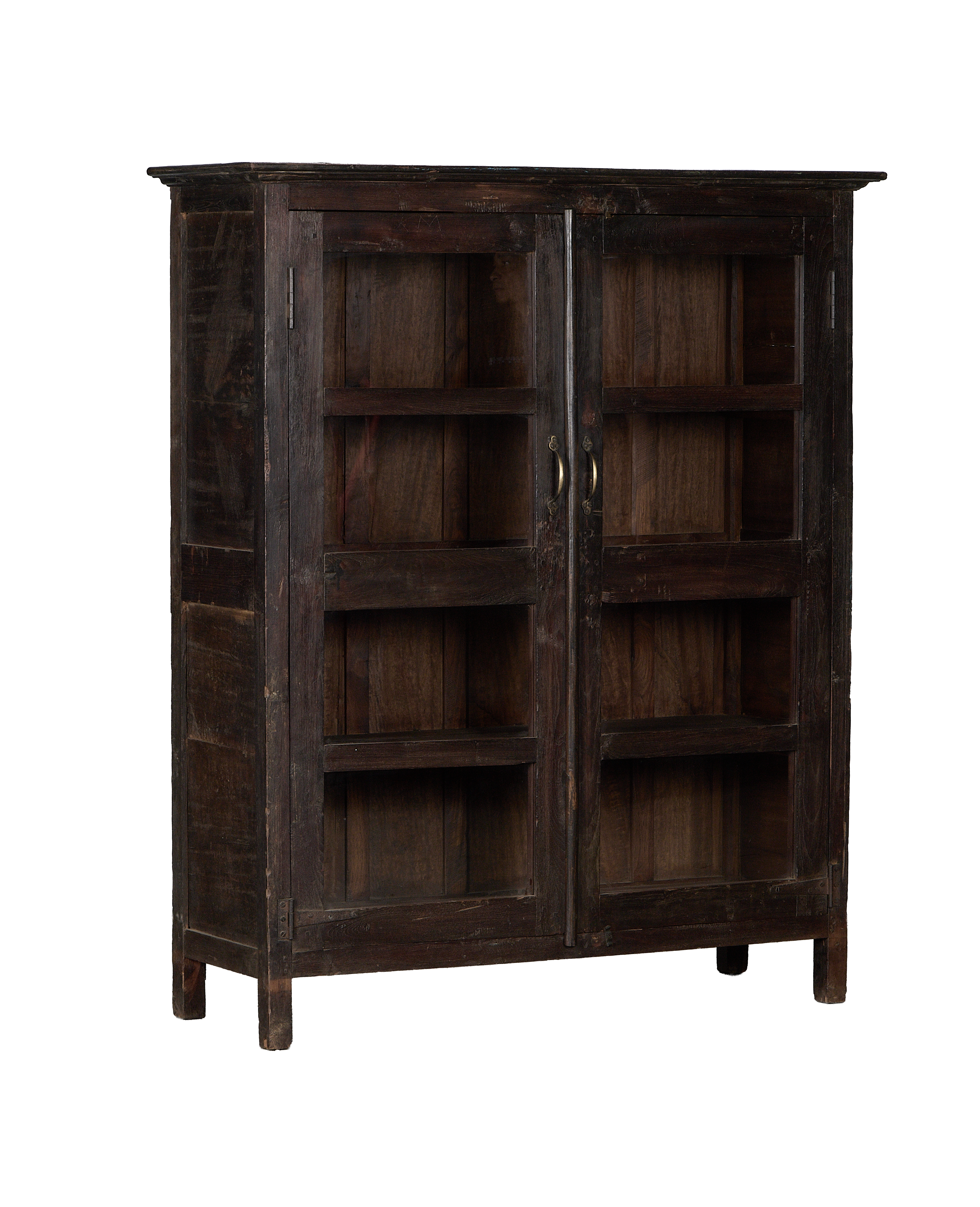 Vintage Indian oak wood cabinet, distressed dark stain, with open glass doors and internal shelving.