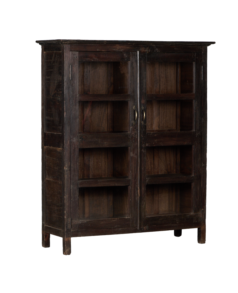 Vintage Indian oak wood cabinet, distressed dark stain, with open glass doors and internal shelving.