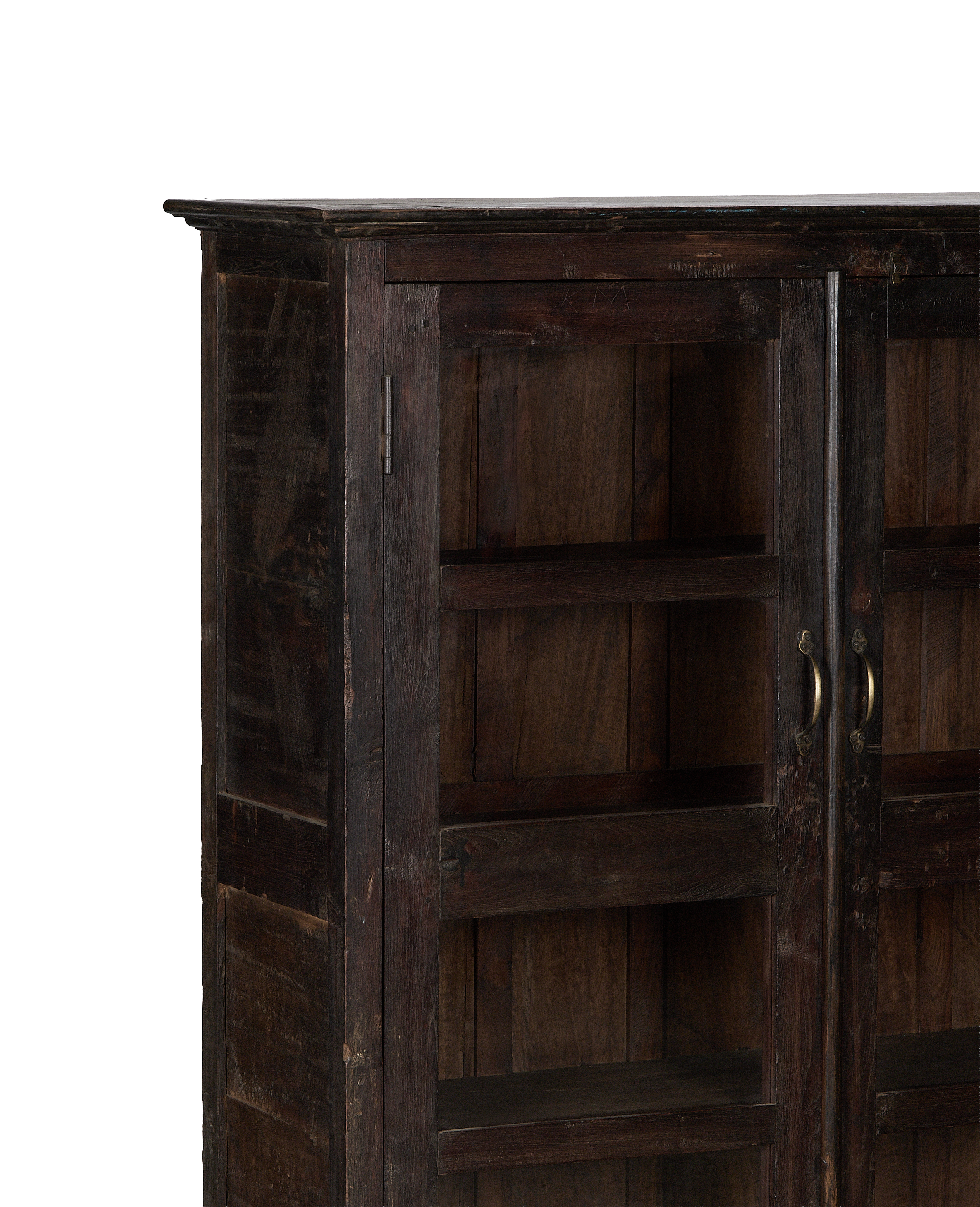 Vintage dark oak wood cabinet from India, showing shelves and brass handles.