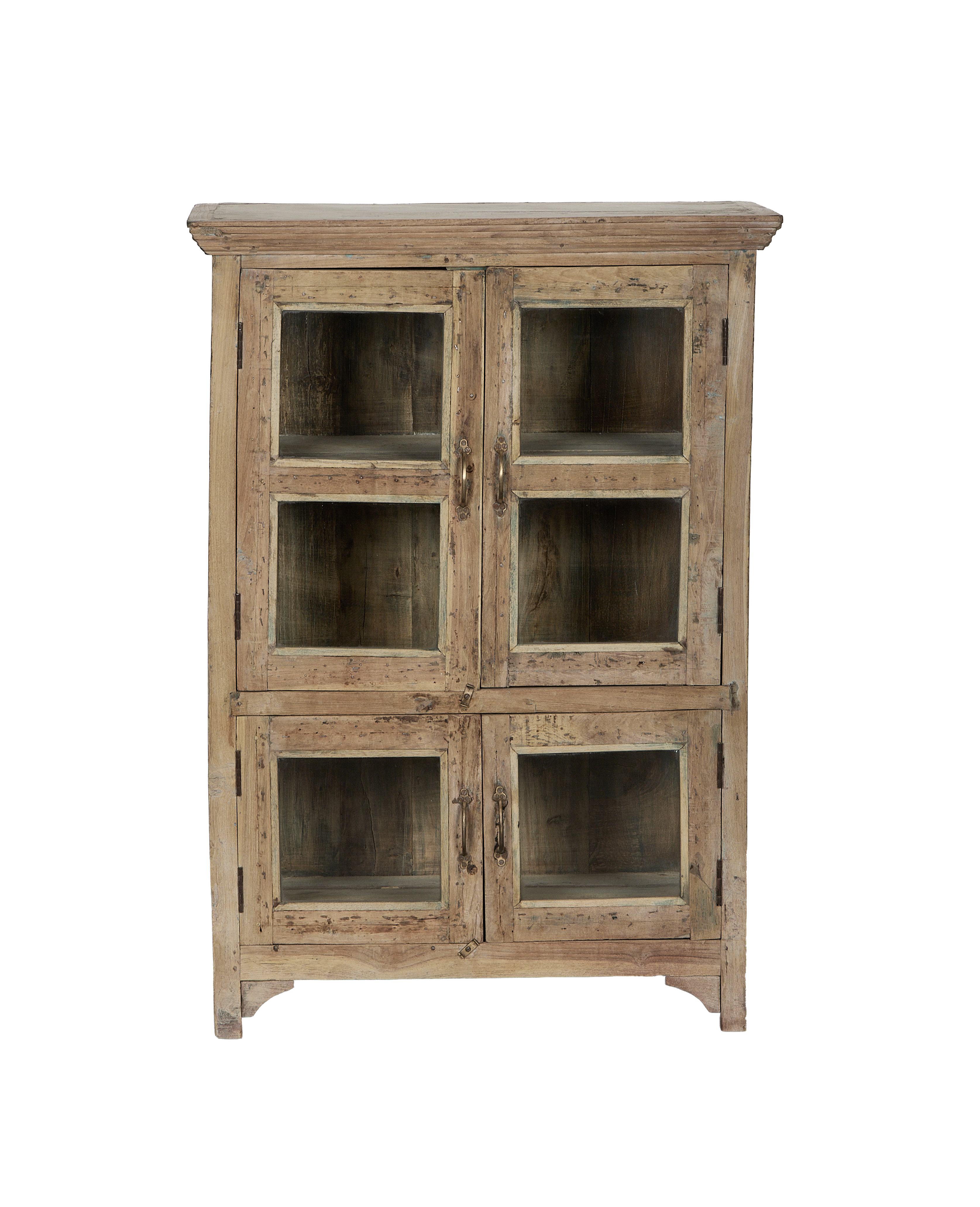 Vintage bleached oak Indian wood cabinet with glass doors and antique brass handles.