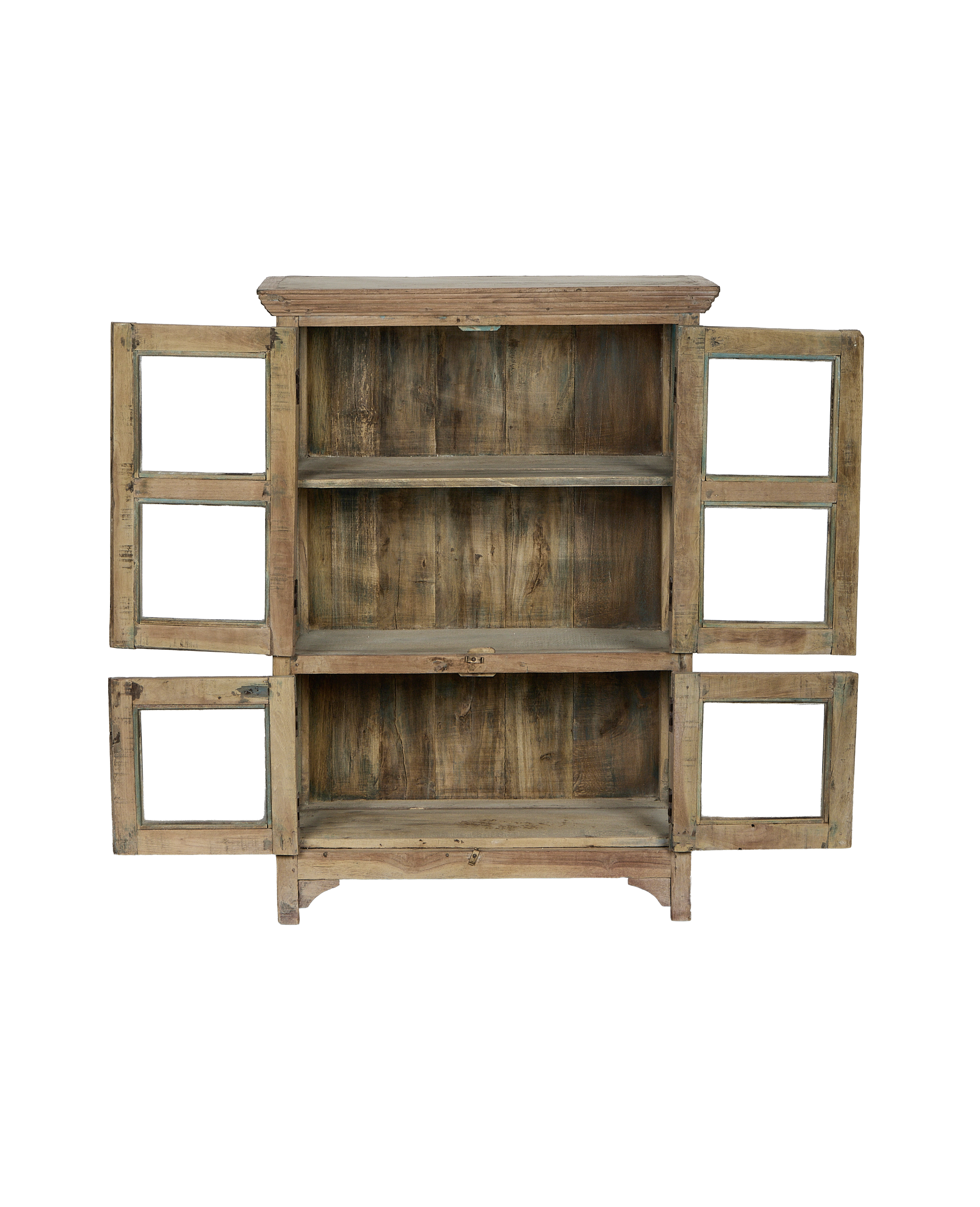 Vintage Indian bleached oak cabinet open, revealing interior shelves and rustic wood detail.