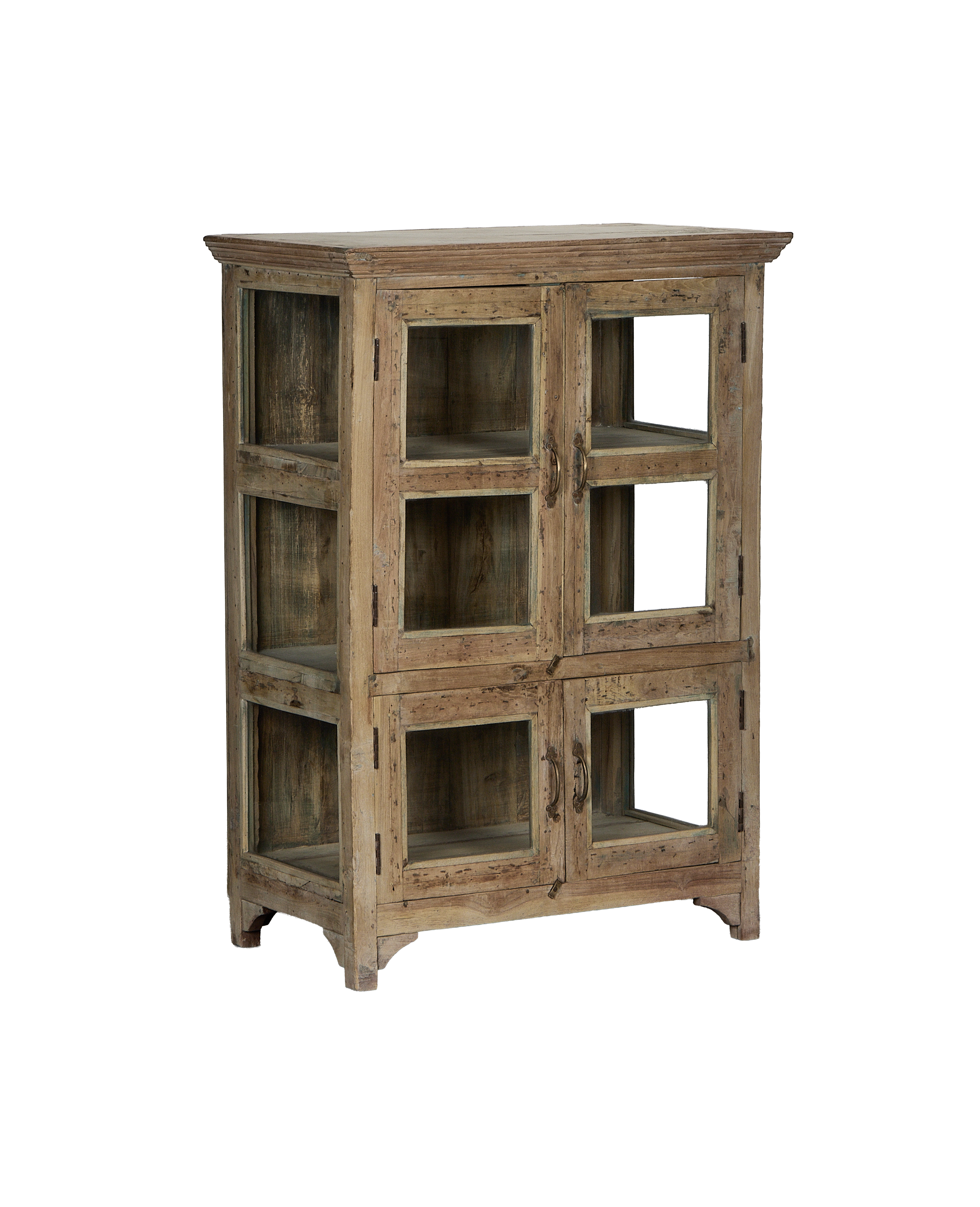 Vintage bleached oak cabinet from India, showing multiple glass-paned doors and shelves.