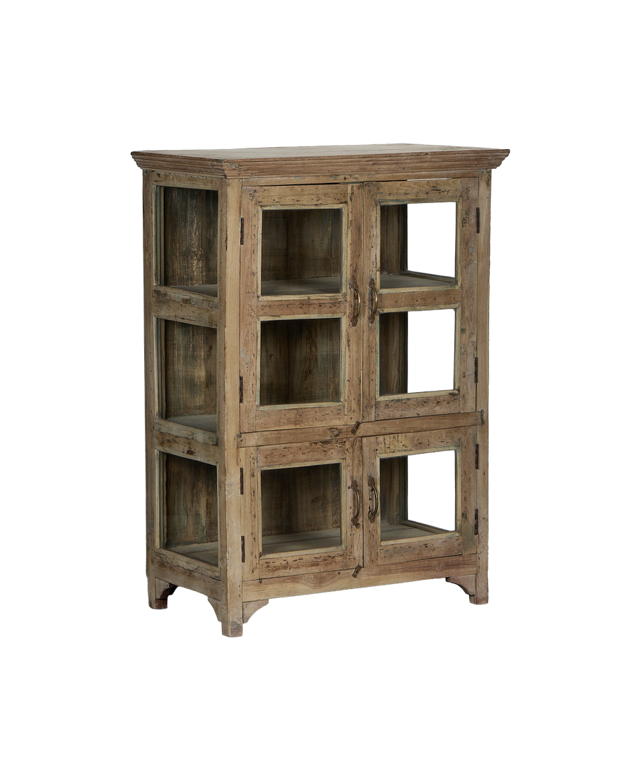 Vintage bleached oak cabinet from India, showing multiple glass-paned doors and shelves.