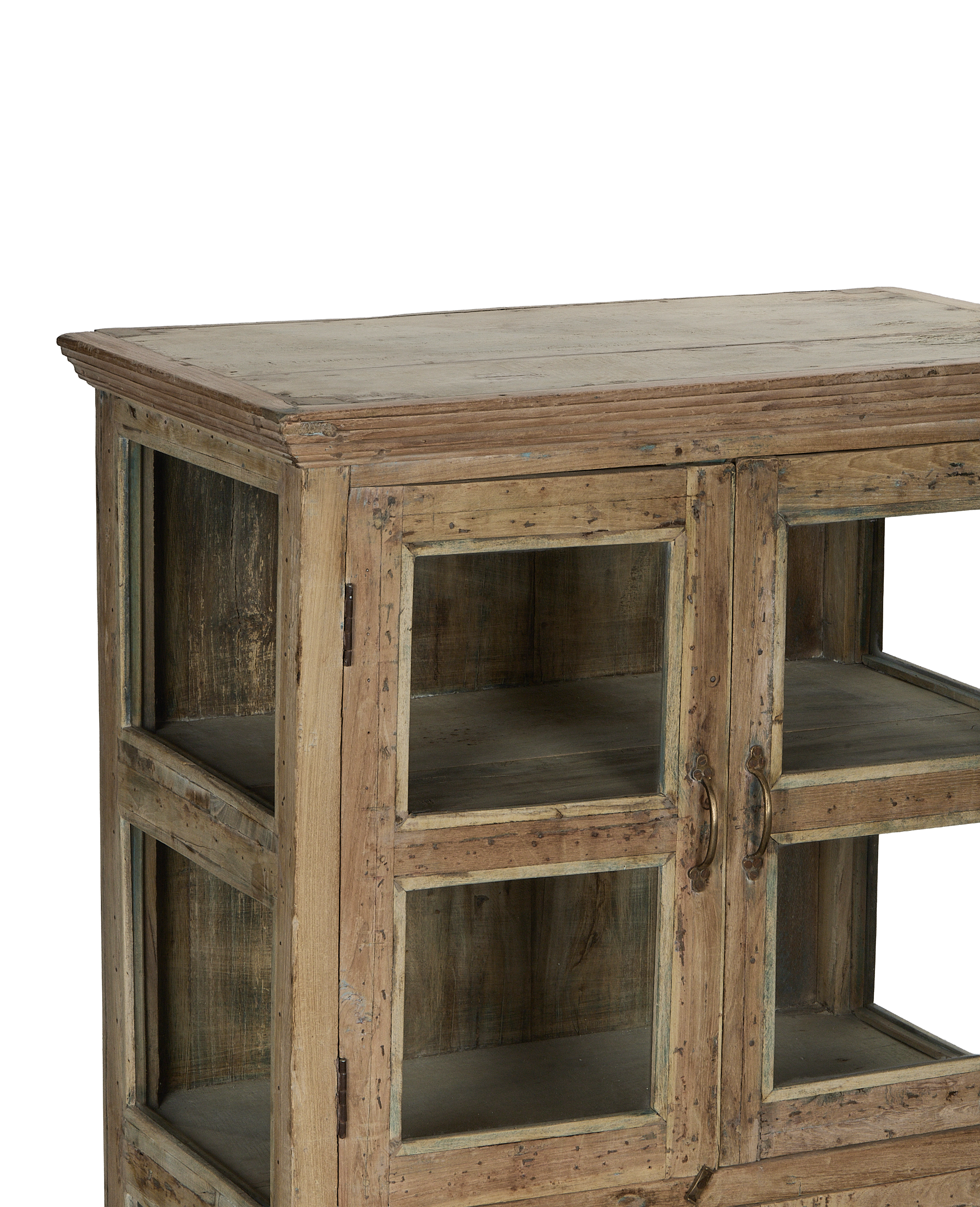 Vintage bleached oak cabinet from India, showing detailed glass door, handles, and distressed wood texture.