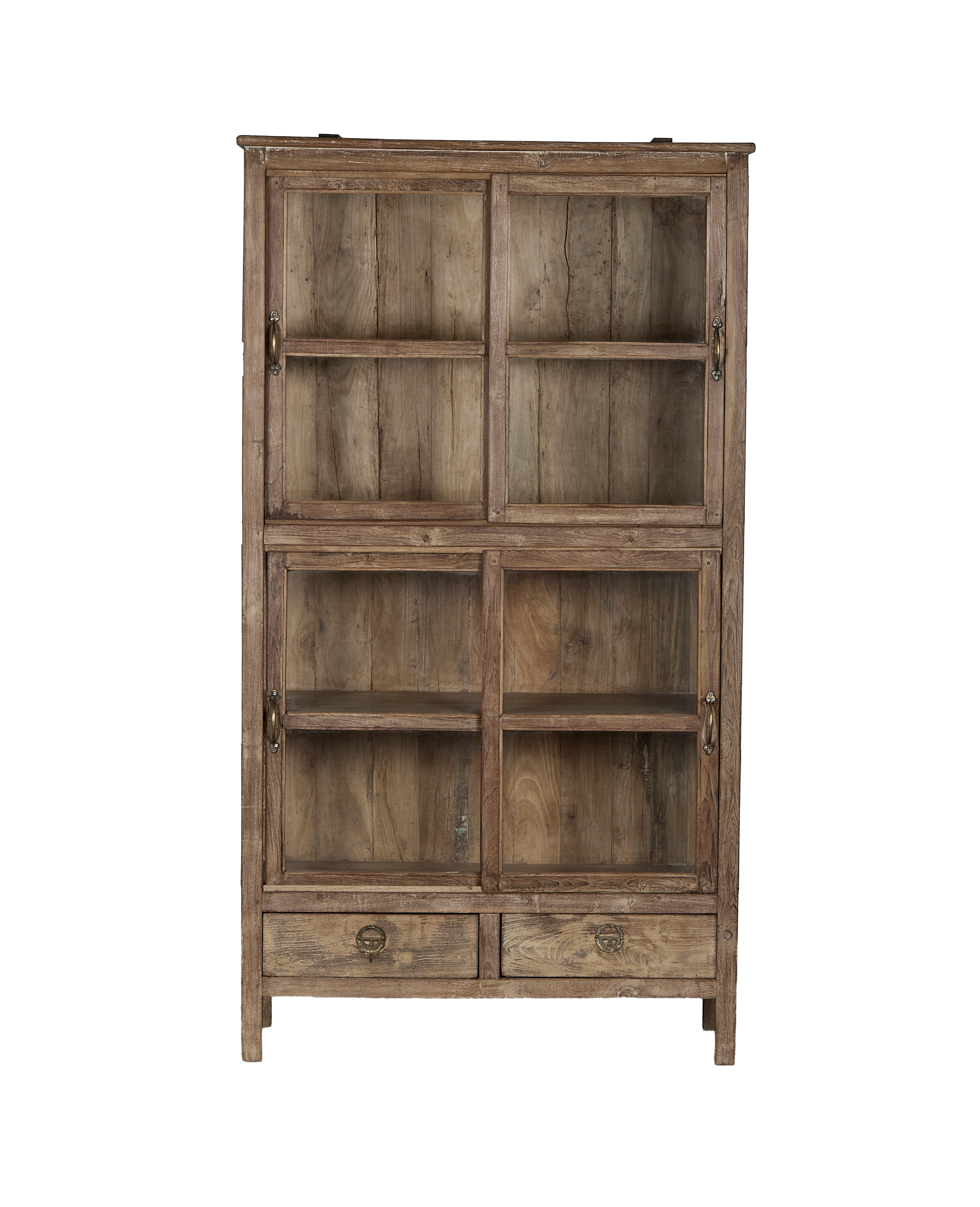 Vintage Indian natural oak cabinet with glass doors, rustic textured wood, and brass hardware.