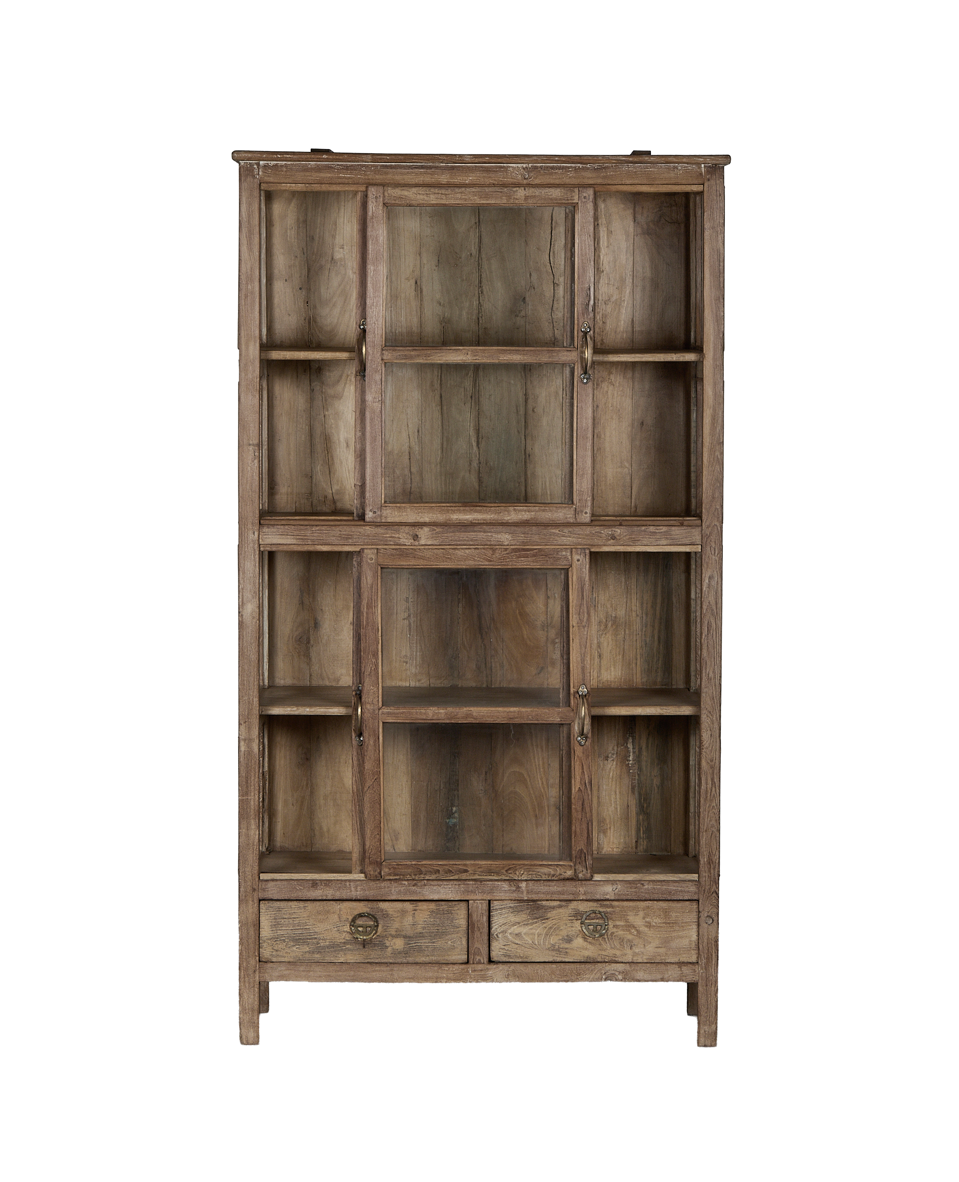 Vintage natural oak cabinet from India, showing multiple glass-front doors, drawers, and distressed condition.