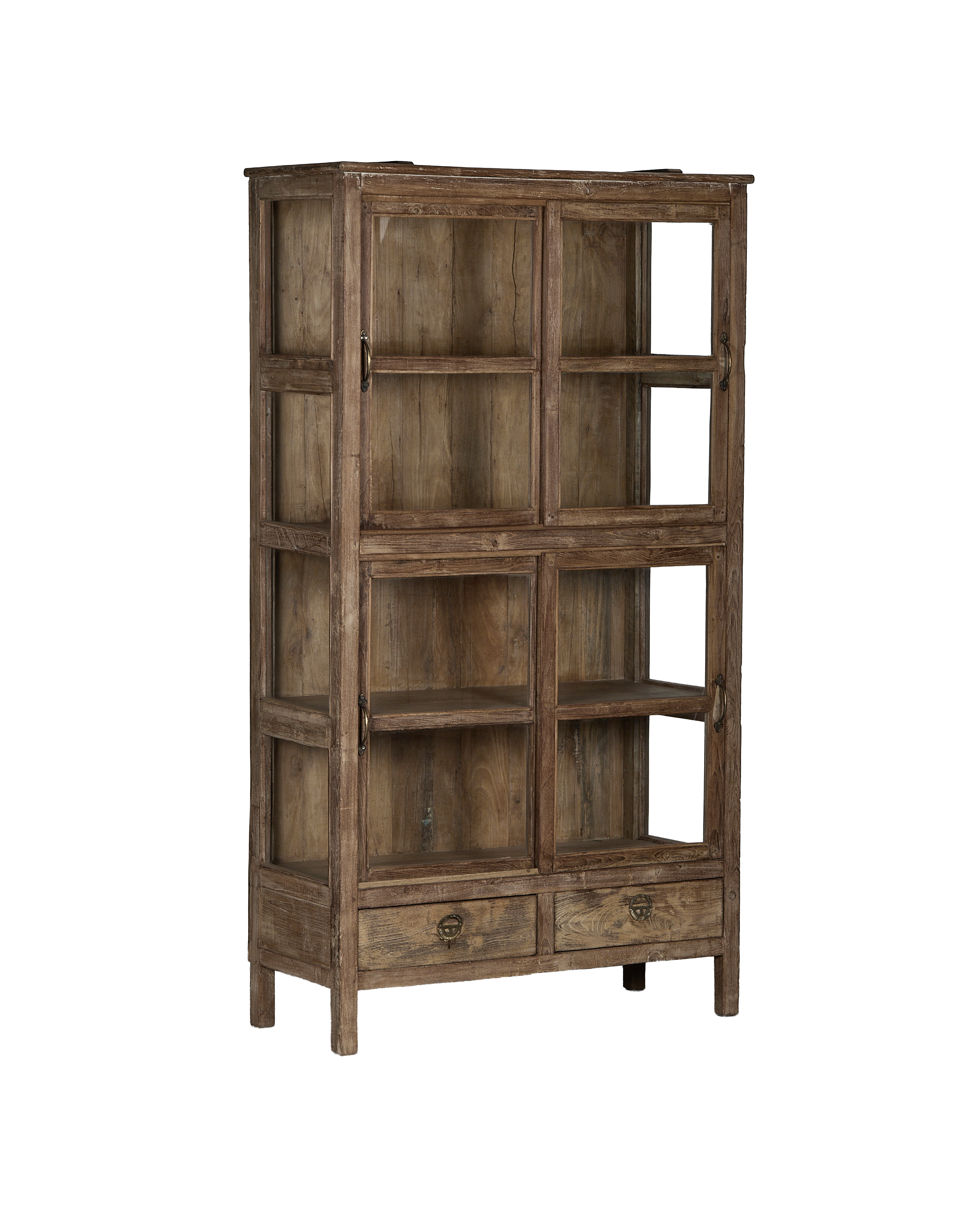 Vintage Indian oak wood cabinet, natural finish, featuring six glass doors and two drawers.