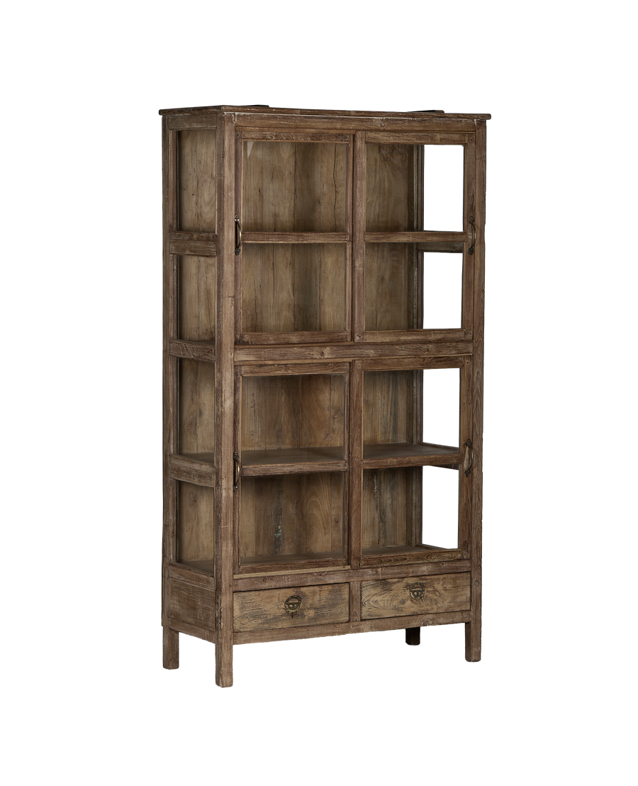 Vintage Indian oak wood cabinet, natural finish, featuring six glass doors and two drawers.