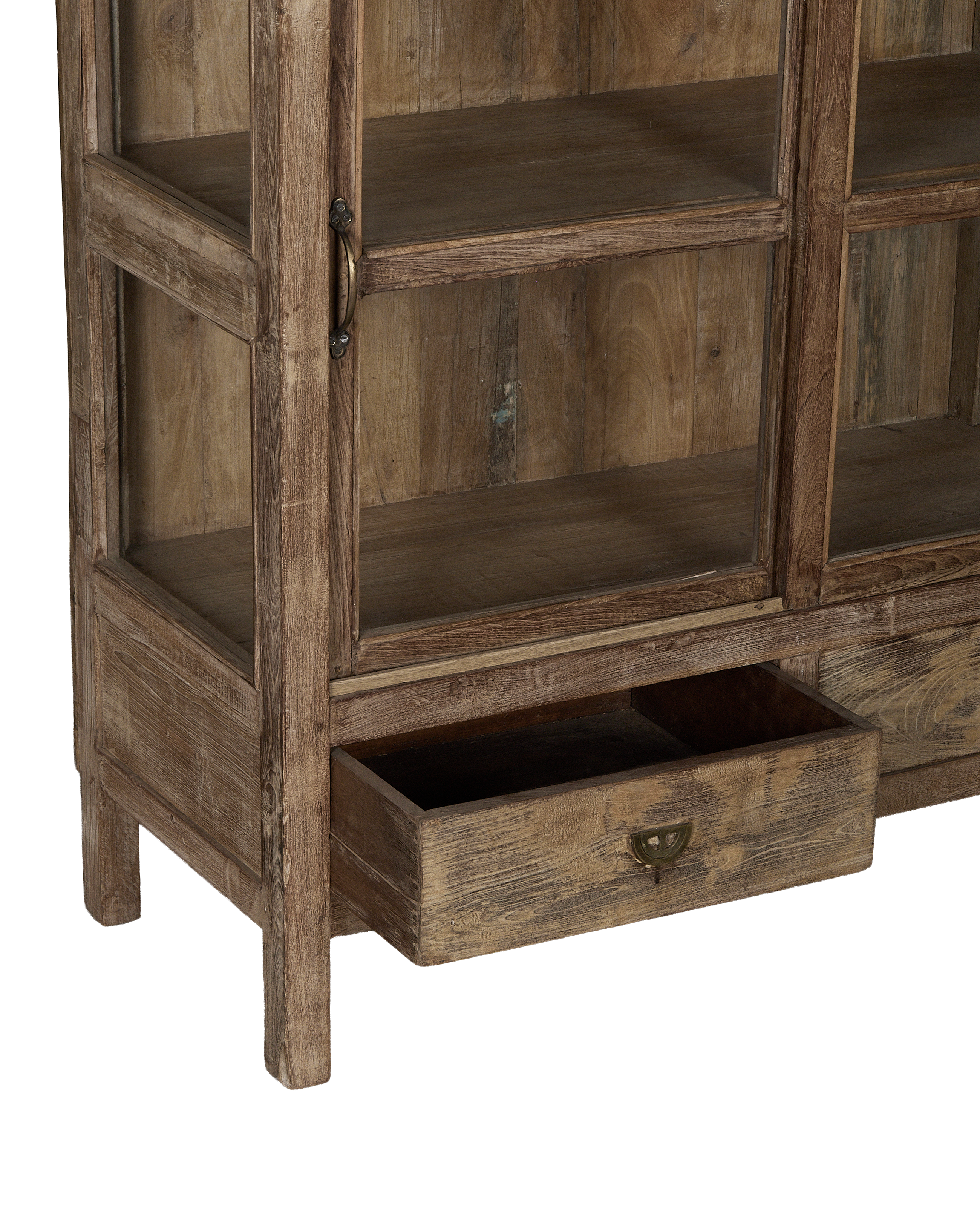 Vintage Indian oak cabinet detail, open bottom drawer with brass hardware.